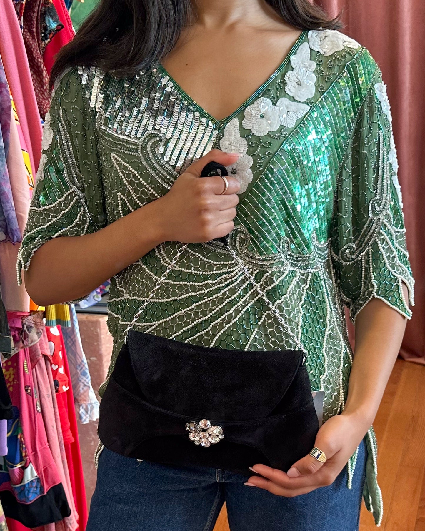 2000s SWAROVSKI Black Suede Crystal Shoulder Bag