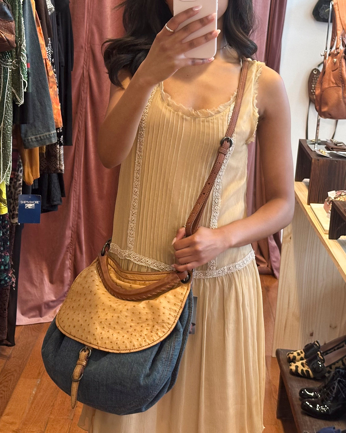 2000s MIU MIU Two Tone Blue Jean & Beige Ostrich Hobo Bag