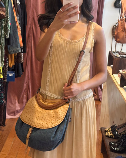 2000s MIU MIU Two Tone Blue Jean & Beige Ostrich Hobo Bag