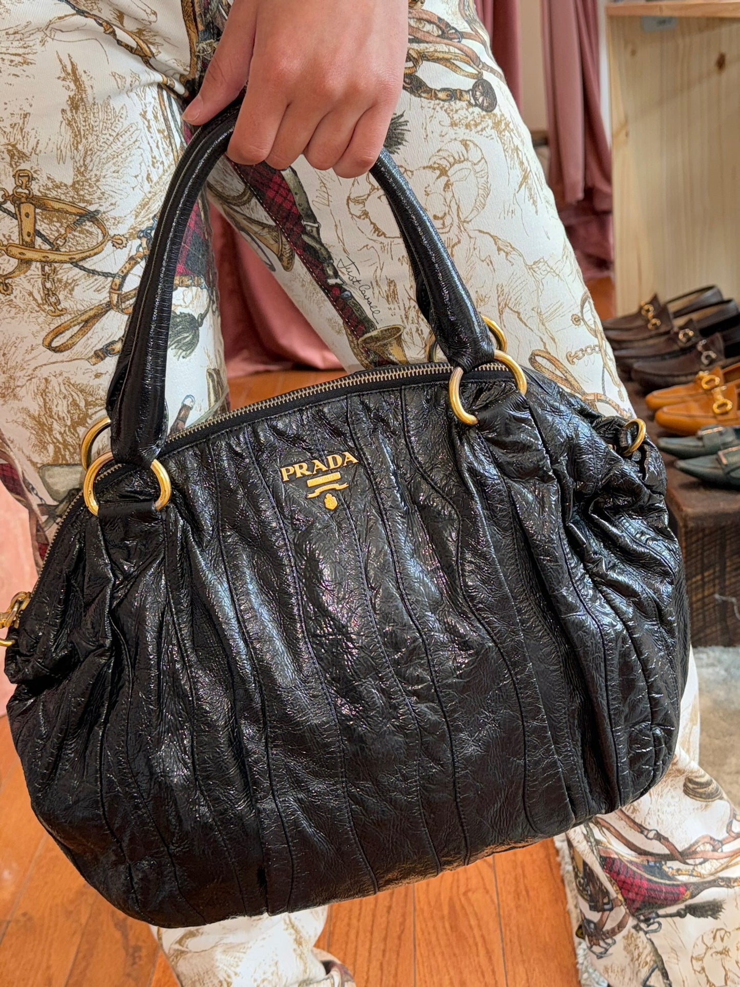 2000s PRADA Black Vernice Waves Hobo Bag