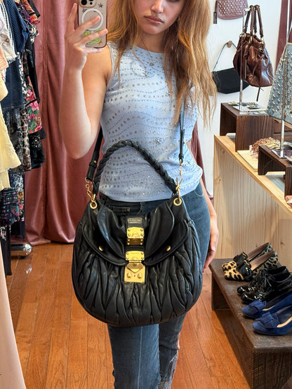2000s MIU MIU Black & Gold Matelasse Coffer Bag