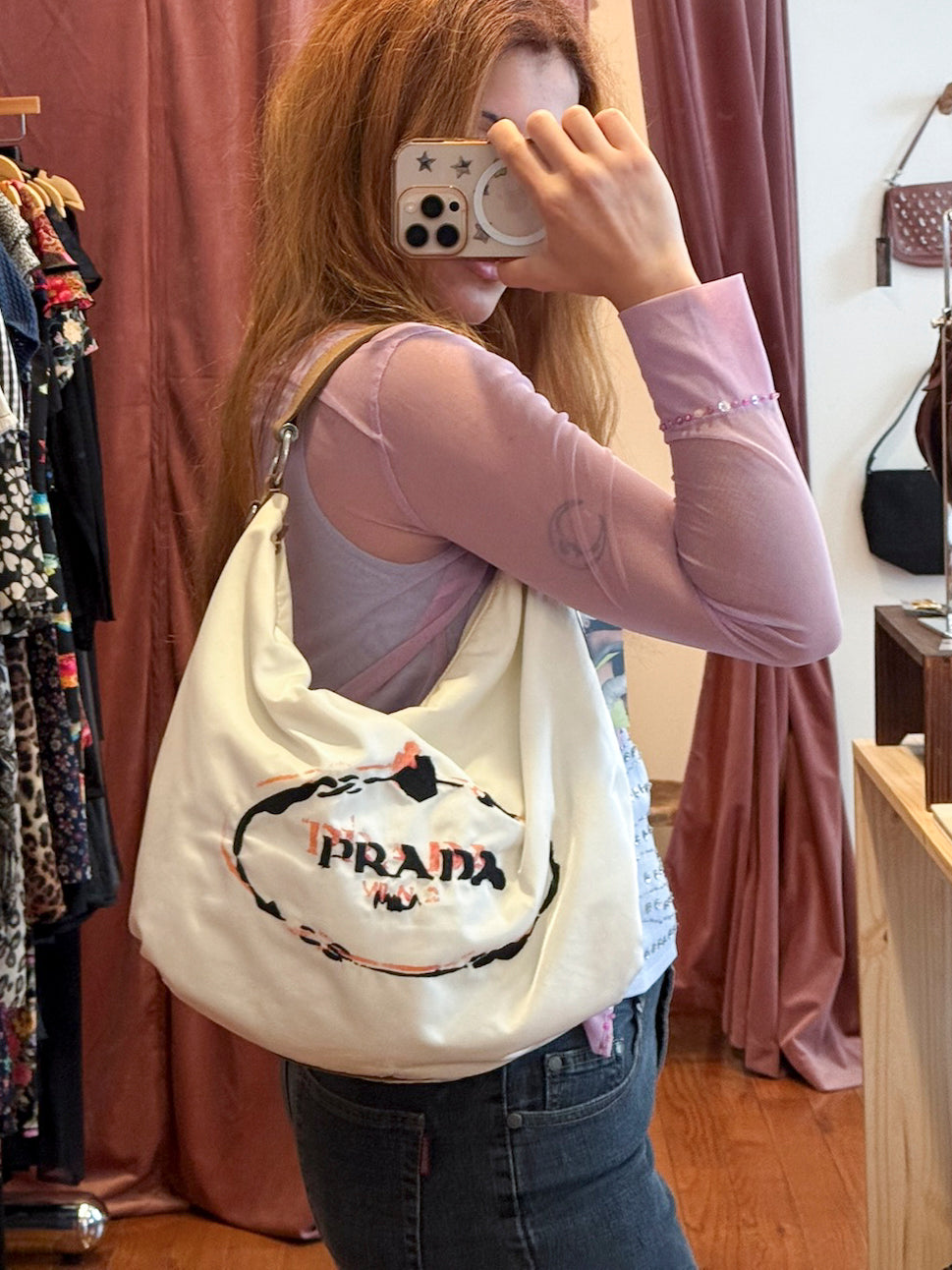 2000s PRADA Limited-Edition "Print & Sketch Embroidery" Tessuto Hobo Bag
