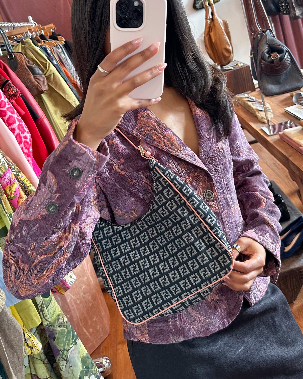 2000s FENDI Navy Zucchino Canvas Hobo Bag w/Pink Leather Trim