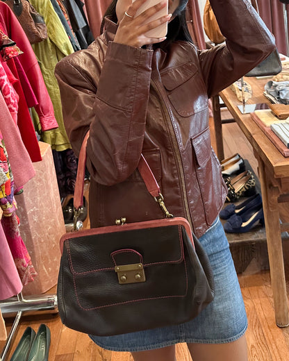 2000s Rare MIU MIU Chocolate Leather Kiss-Lock Frame Bag w/Dusty Rose Suede Trim