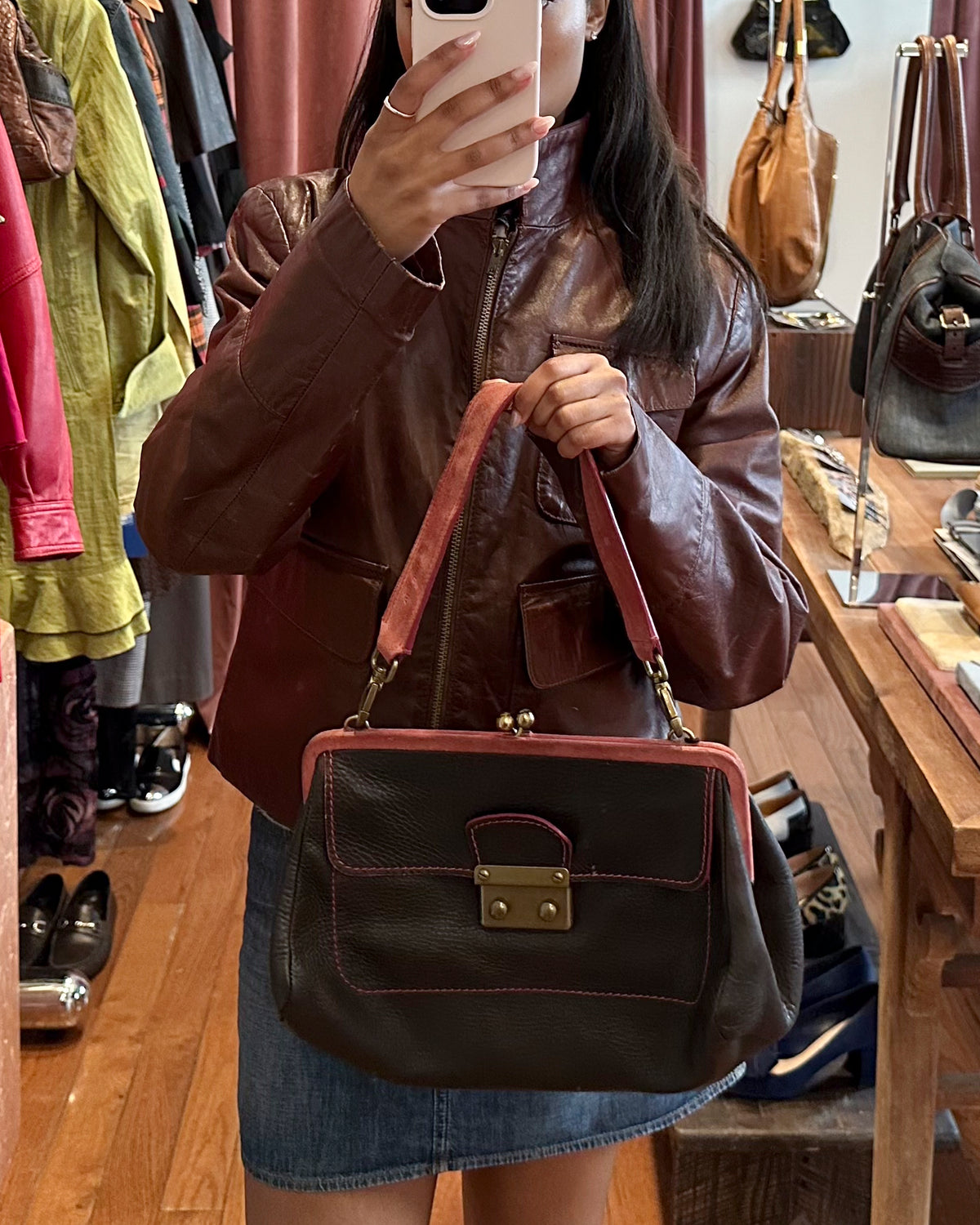 2000s Rare MIU MIU Chocolate Leather Kiss-Lock Frame Bag w/Dusty Rose Suede Trim
