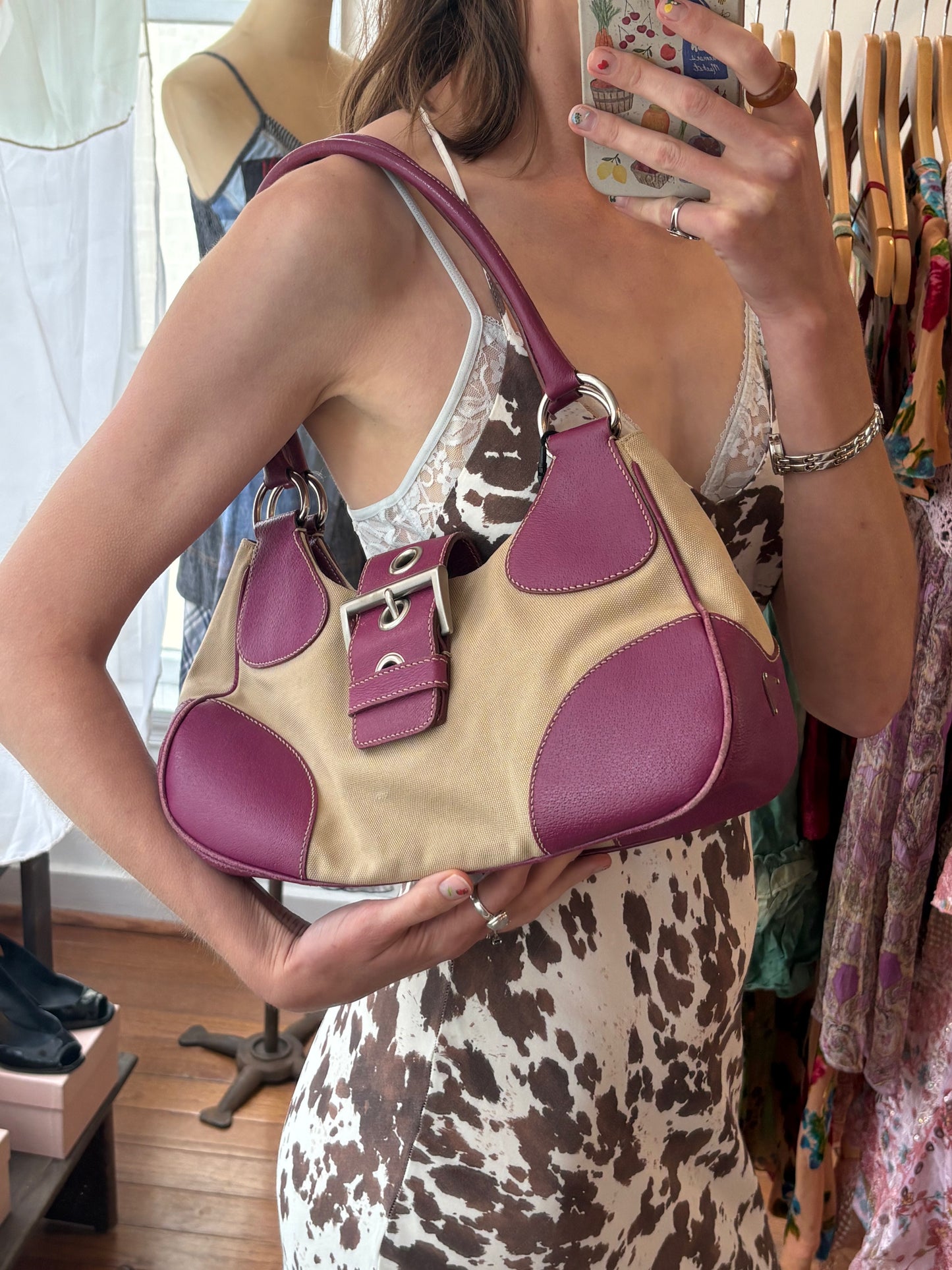 2000s PRADA Beige Magenta Moon Bag