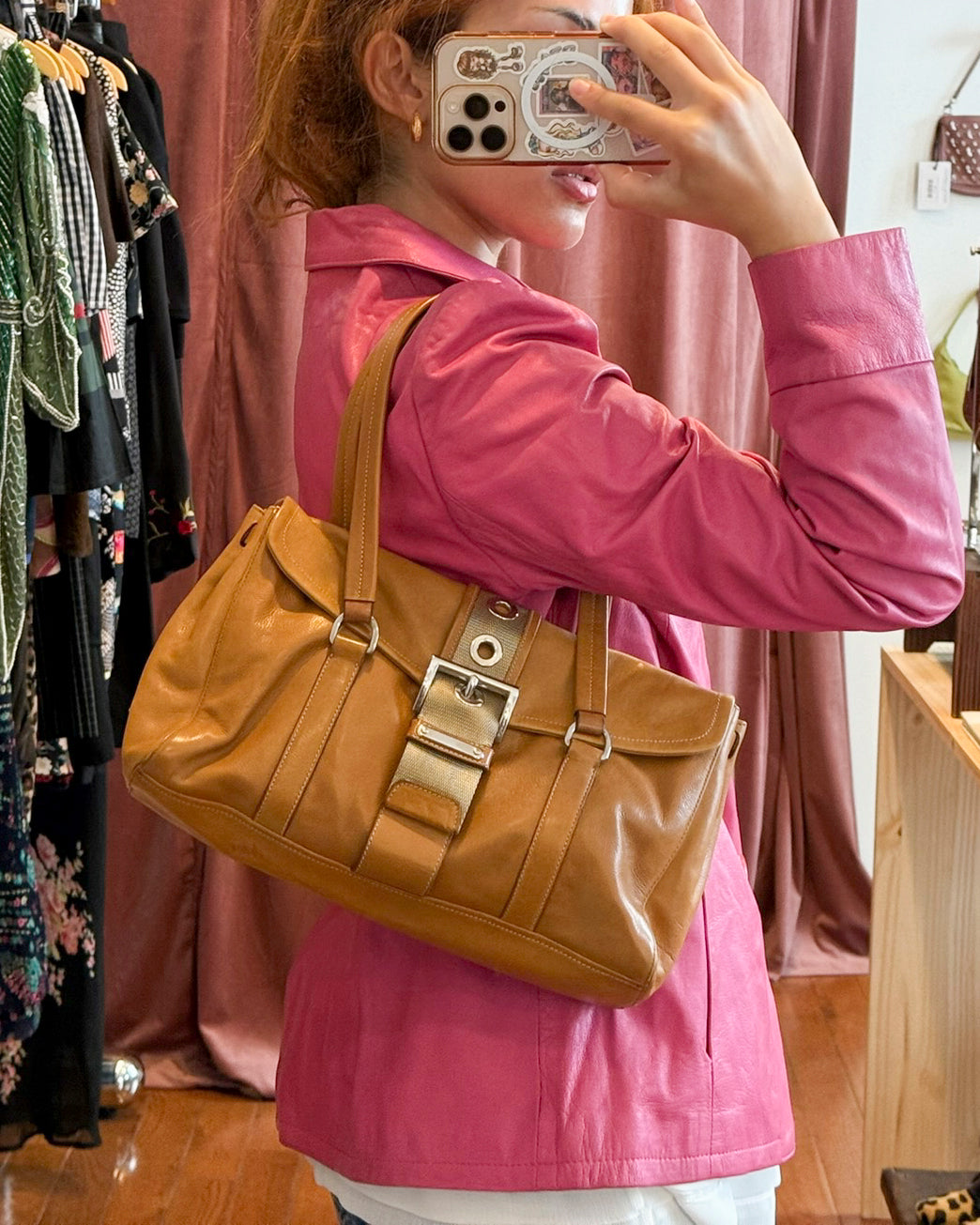2000s PRADA Cognac Buckle Flap Shoulder Bag