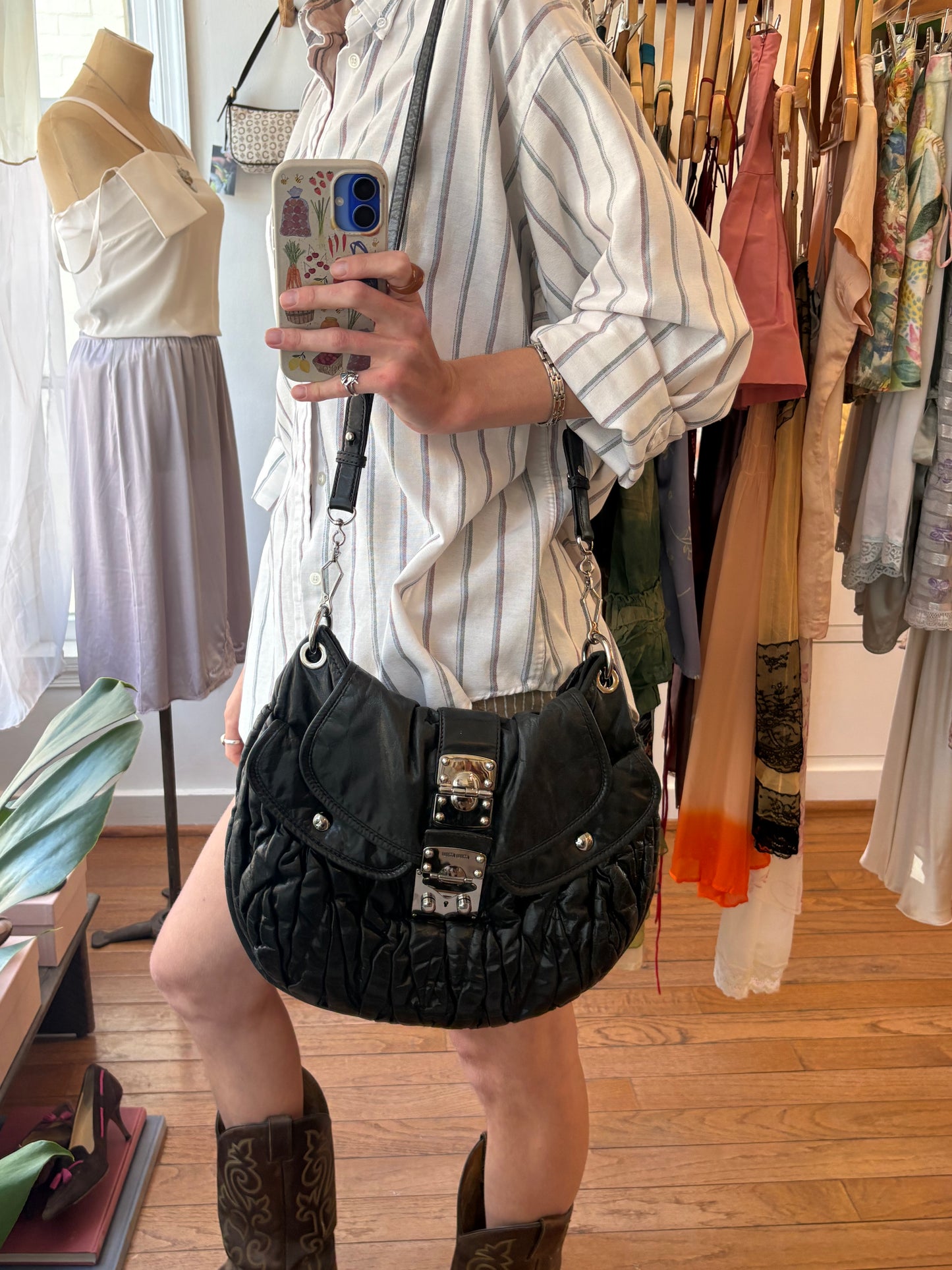 2000s MIU MIU Black Matelasse Coffer Two-Way Bag