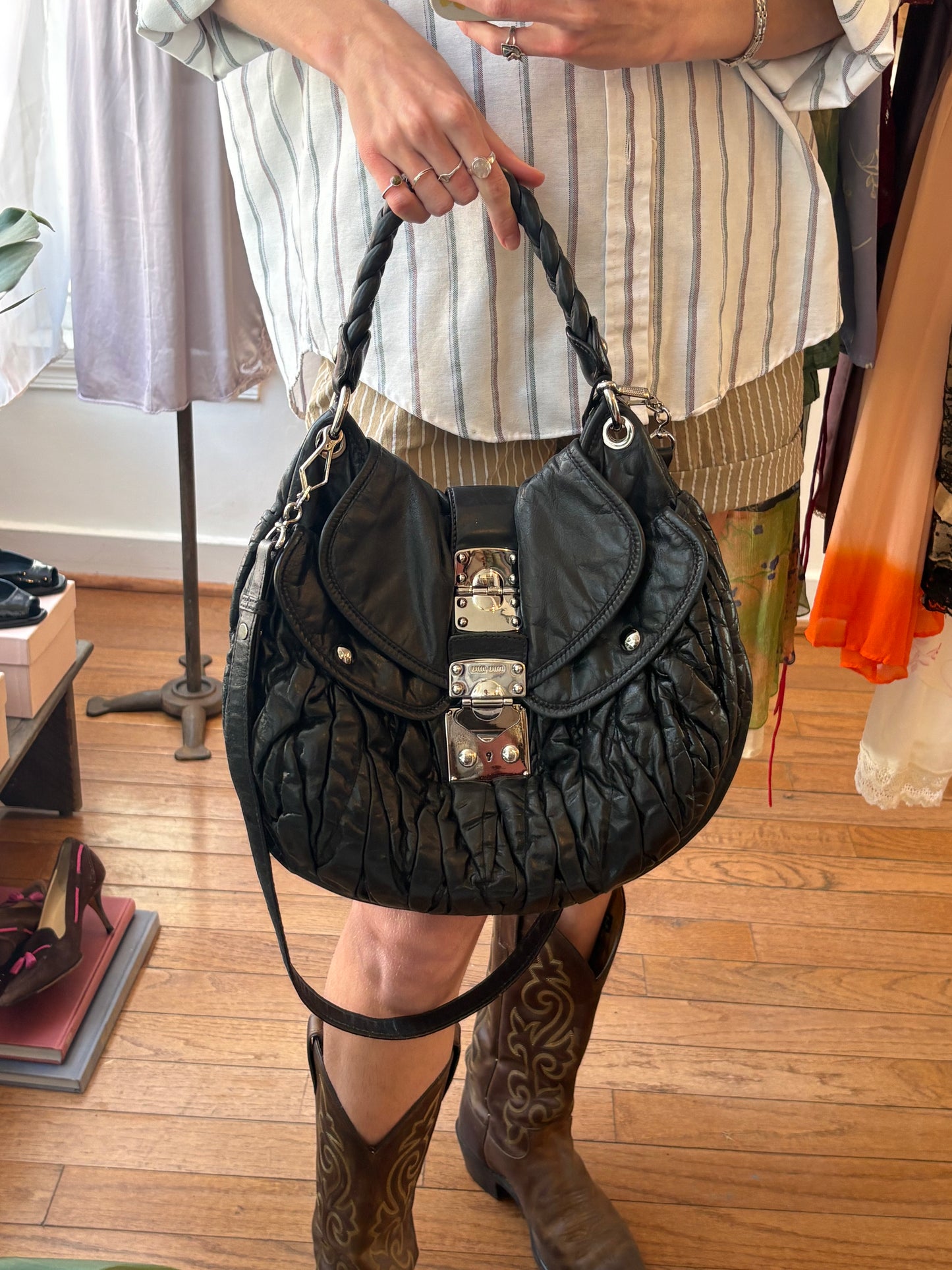 2000s MIU MIU Black Matelasse Coffer Two-Way Bag