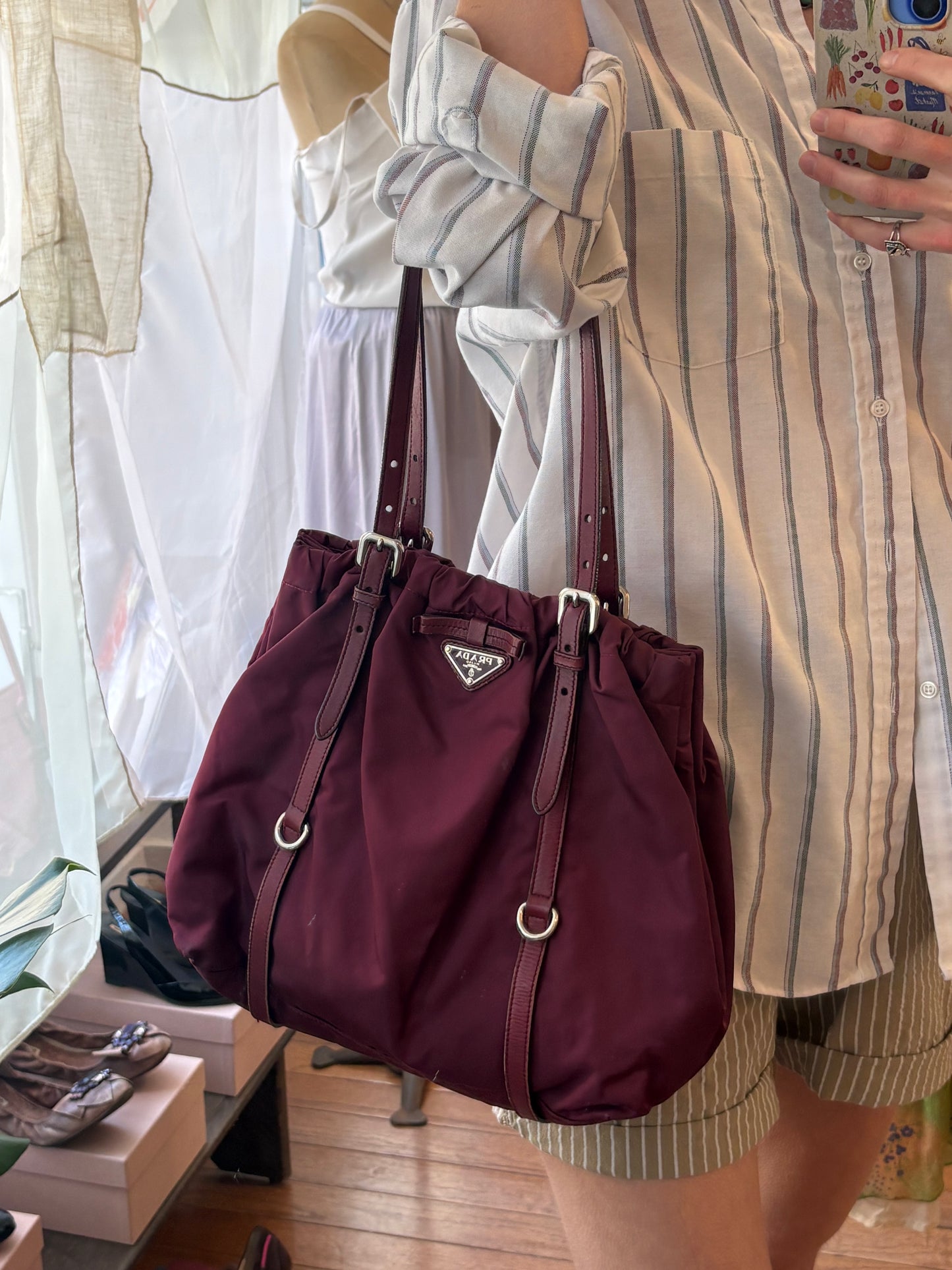 90s PRADA Tessuto Maroon Drawstring Bag
