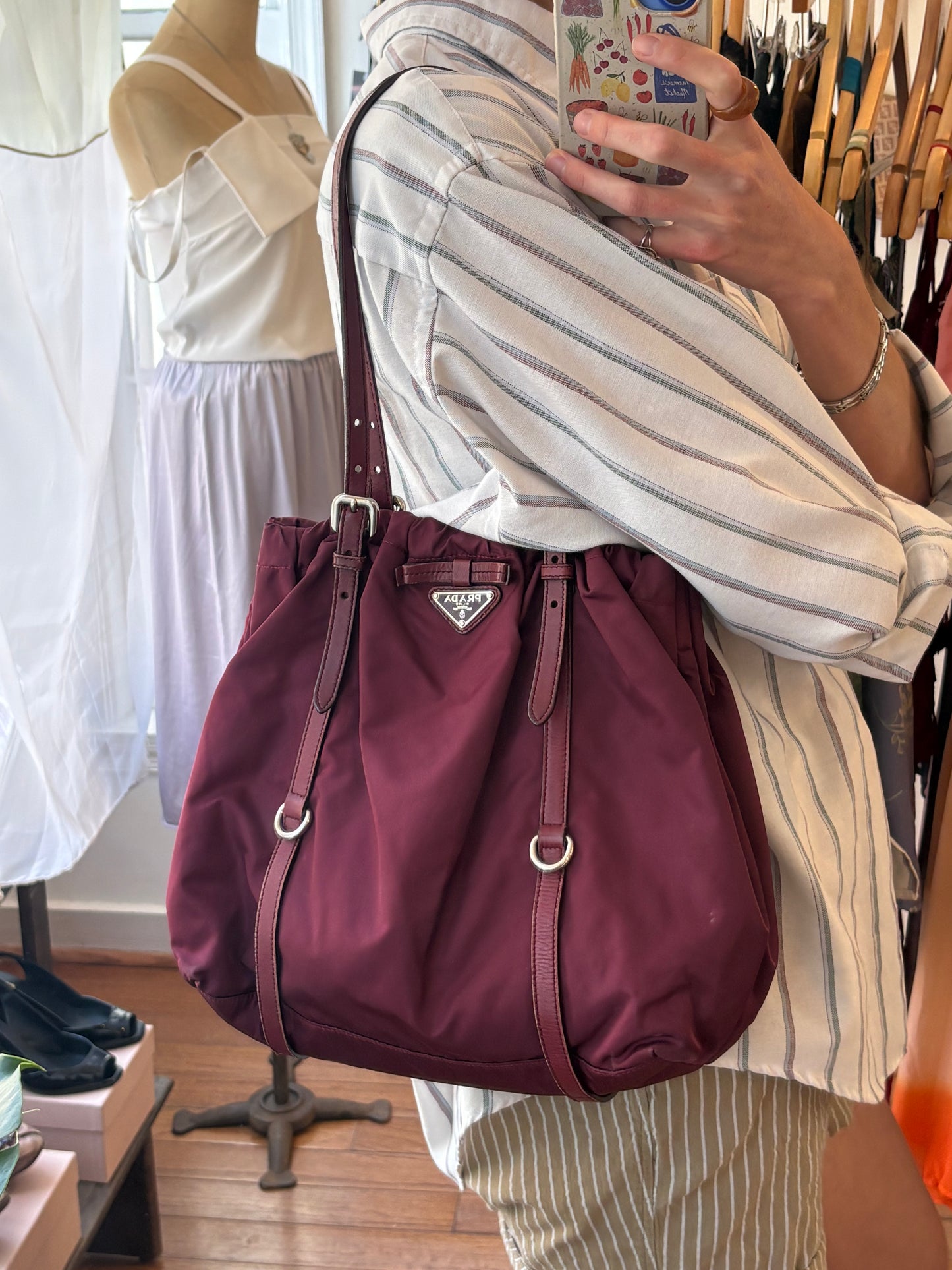 90s PRADA Tessuto Maroon Drawstring Bag