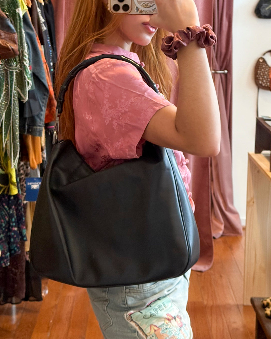 90s GUCCI Black Bamboo Hobo Bag