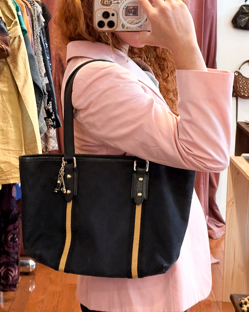 2000s GUCCI Black GG Canvas Web Charm Tote
