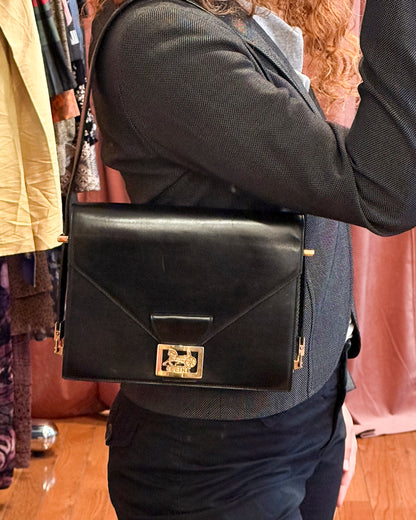70s/80s CELINE Black Leather Box Carriage Bag