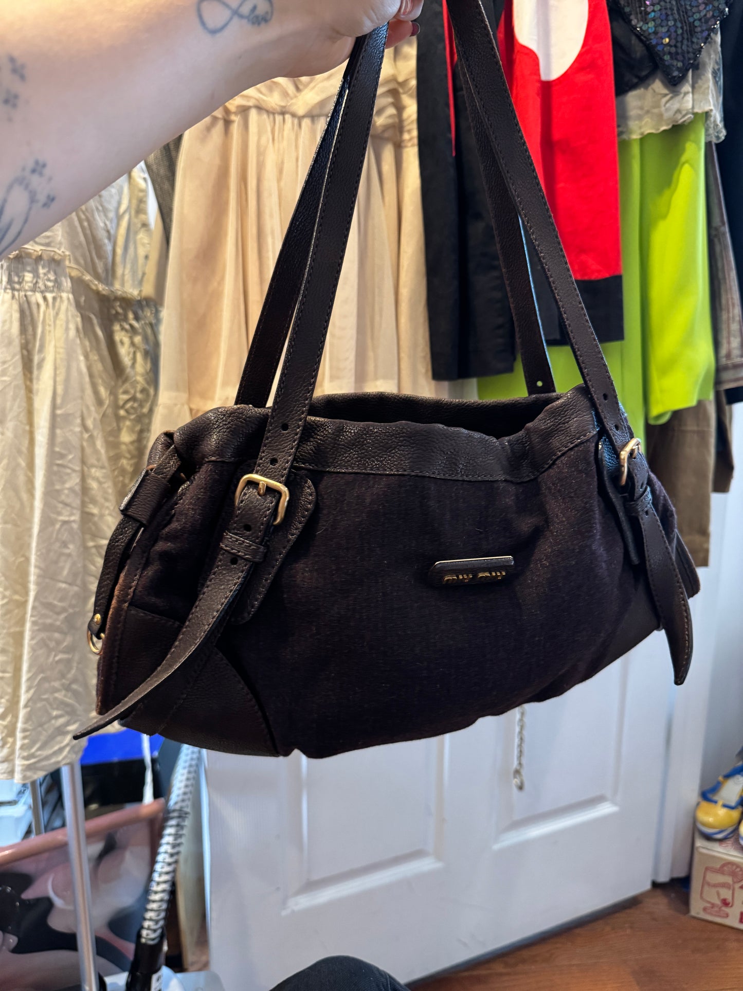 90s Rare MIU MIU Brown Wool & Leather Internal Kiss Lock Bag