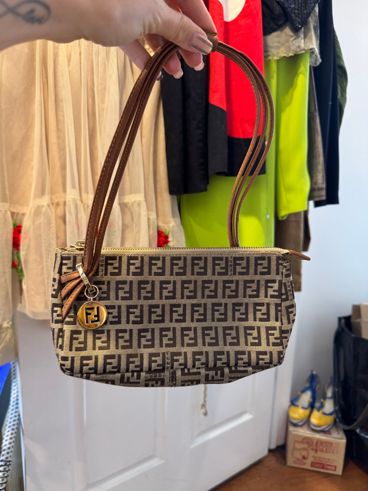 90s FENDI Zucchino FF Canvas Triple Strap Mini Baguette Bag