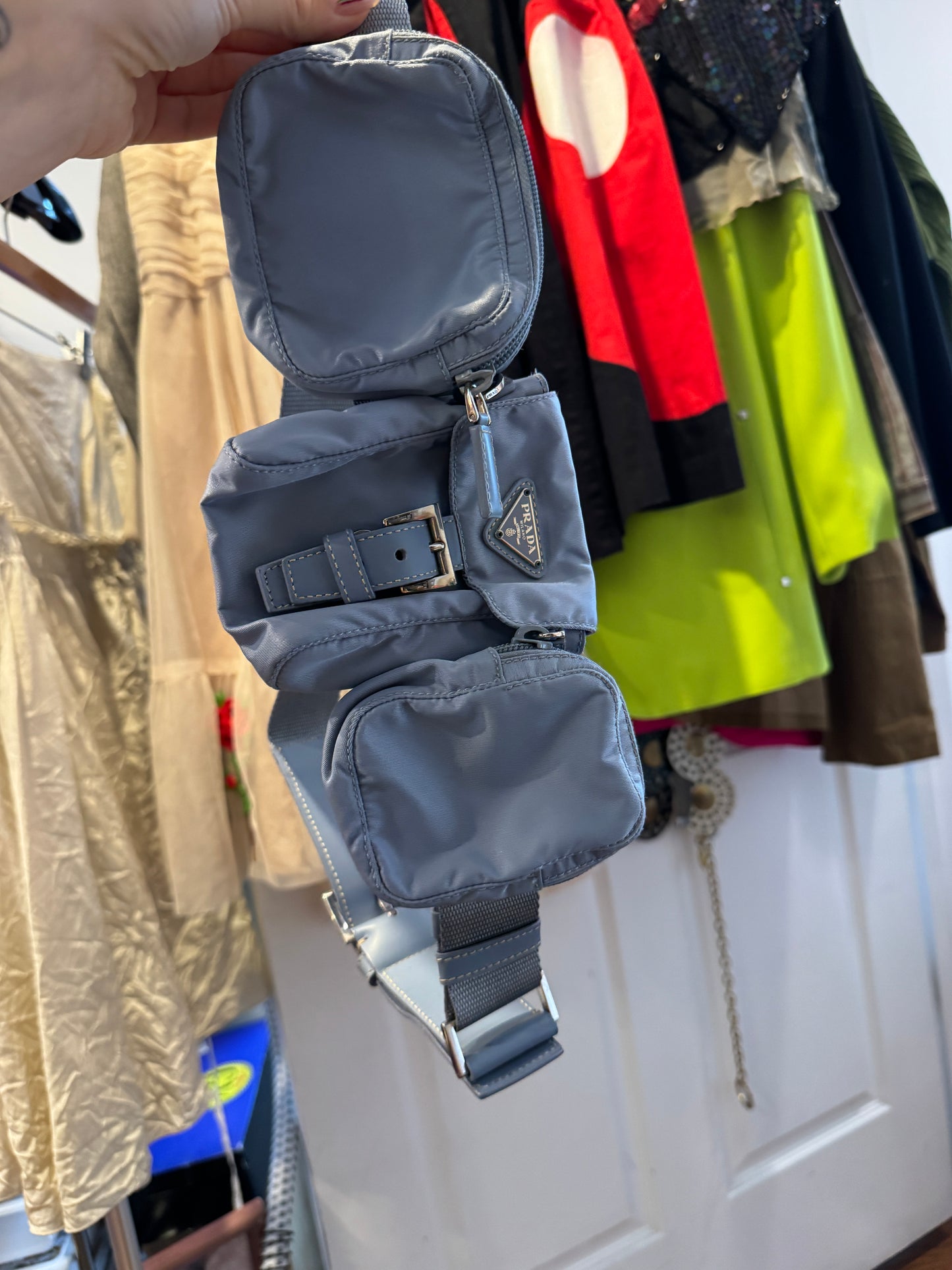 90s Rarw PRADA Dusty Blue Tessuto Multi Pocket Waist Bag