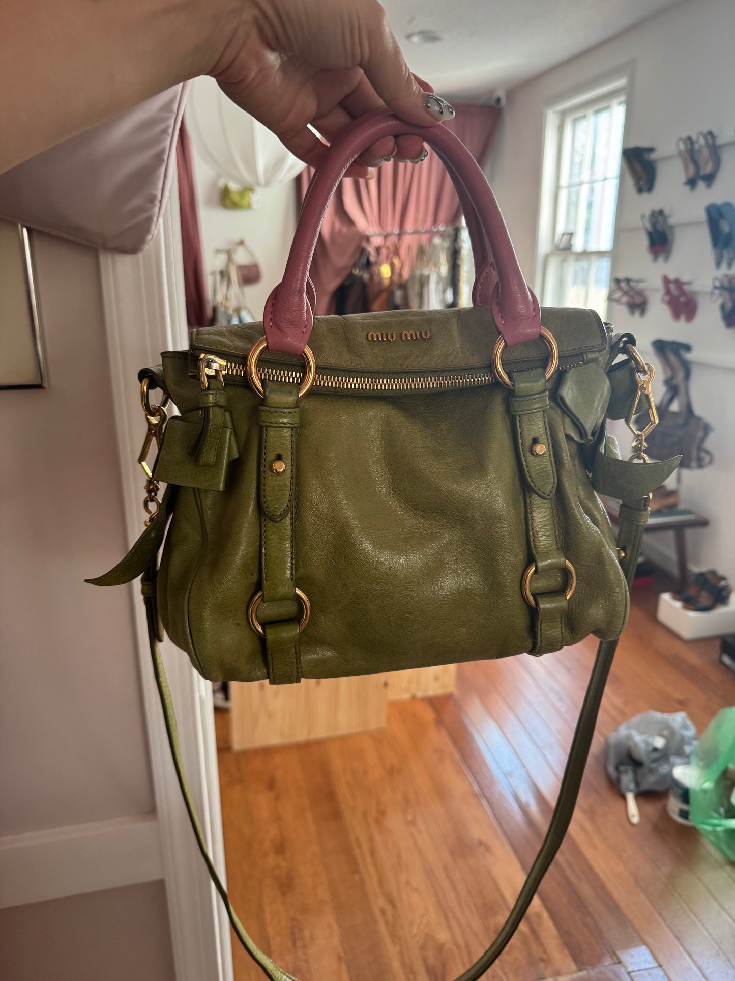 2000s MIU MIU Strawberry Matcha Reworked Vitello Lux Bow Bag