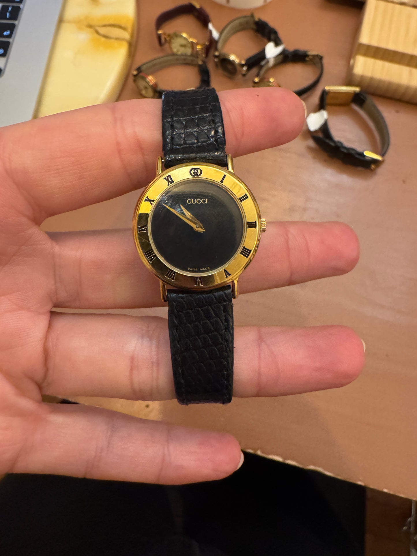 90s GUCCI 3000L Gold Watch w/Black Leather Band