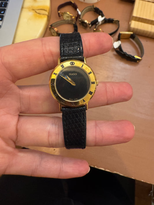 90s GUCCI 3000L Gold Watch w/Black Leather Band