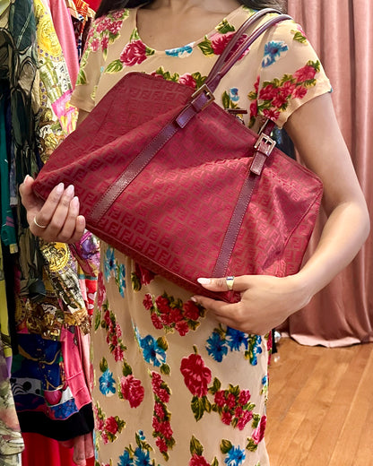 90s FENDI Red Zucchino Double Zip Satchel