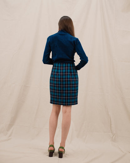 Vintage Navy + Teal Plaid Faux Wrap Wool Skirt / S - Closed Caption