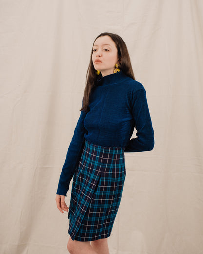 Vintage Navy + Teal Plaid Faux Wrap Wool Skirt / S - Closed Caption
