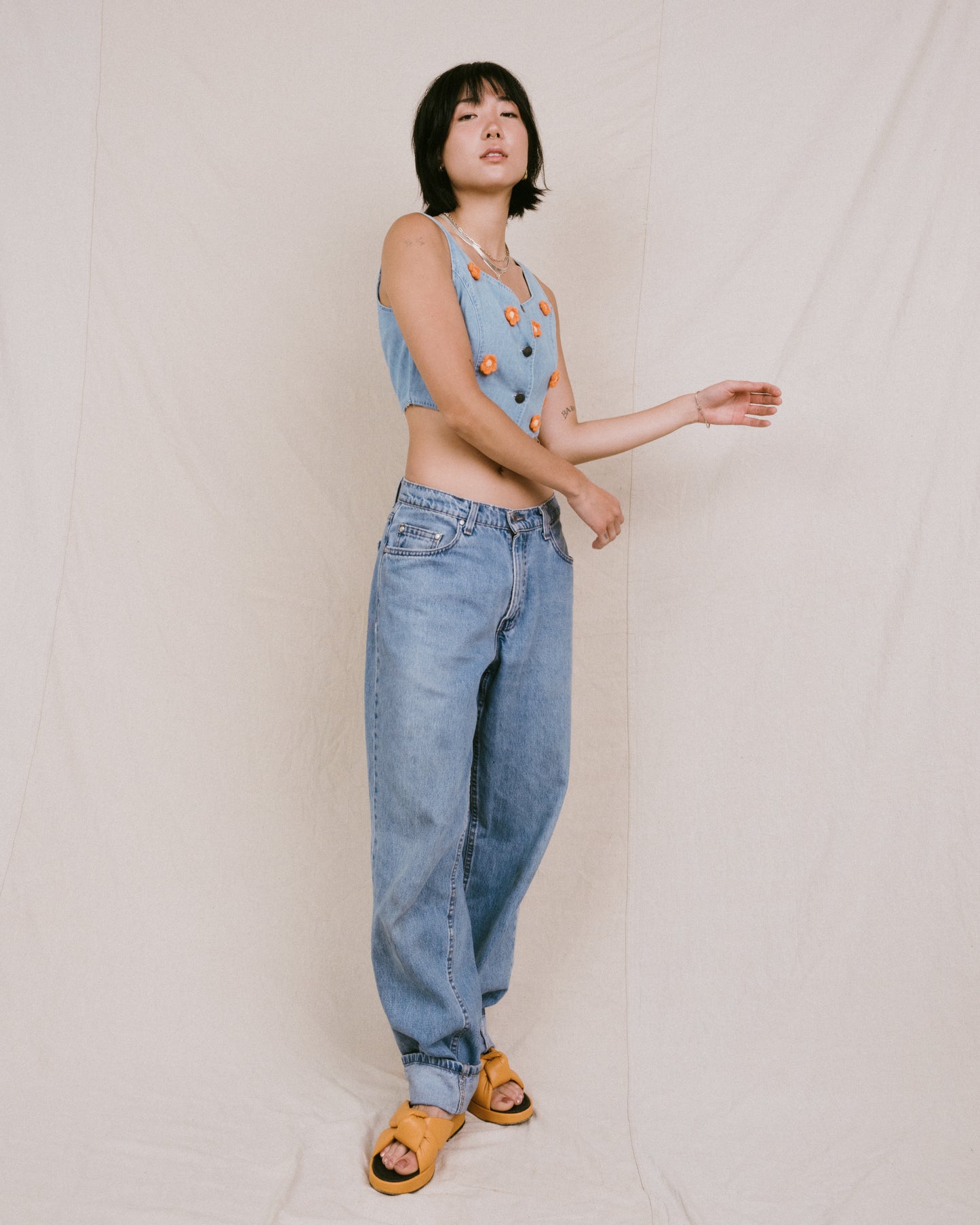 Remade Vintage Flower Denim Top