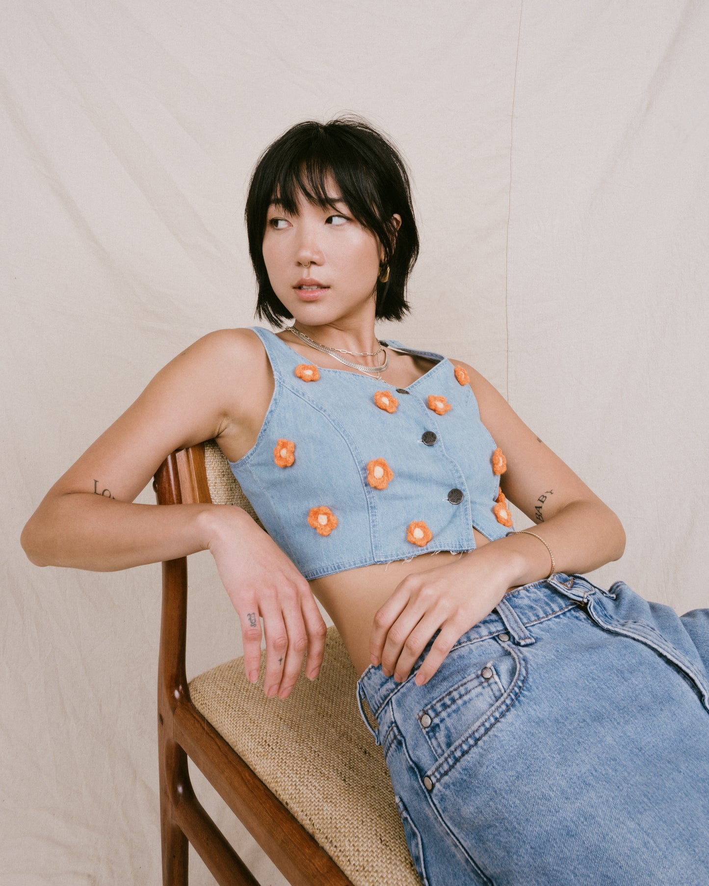 Remade Vintage Flower Denim Top