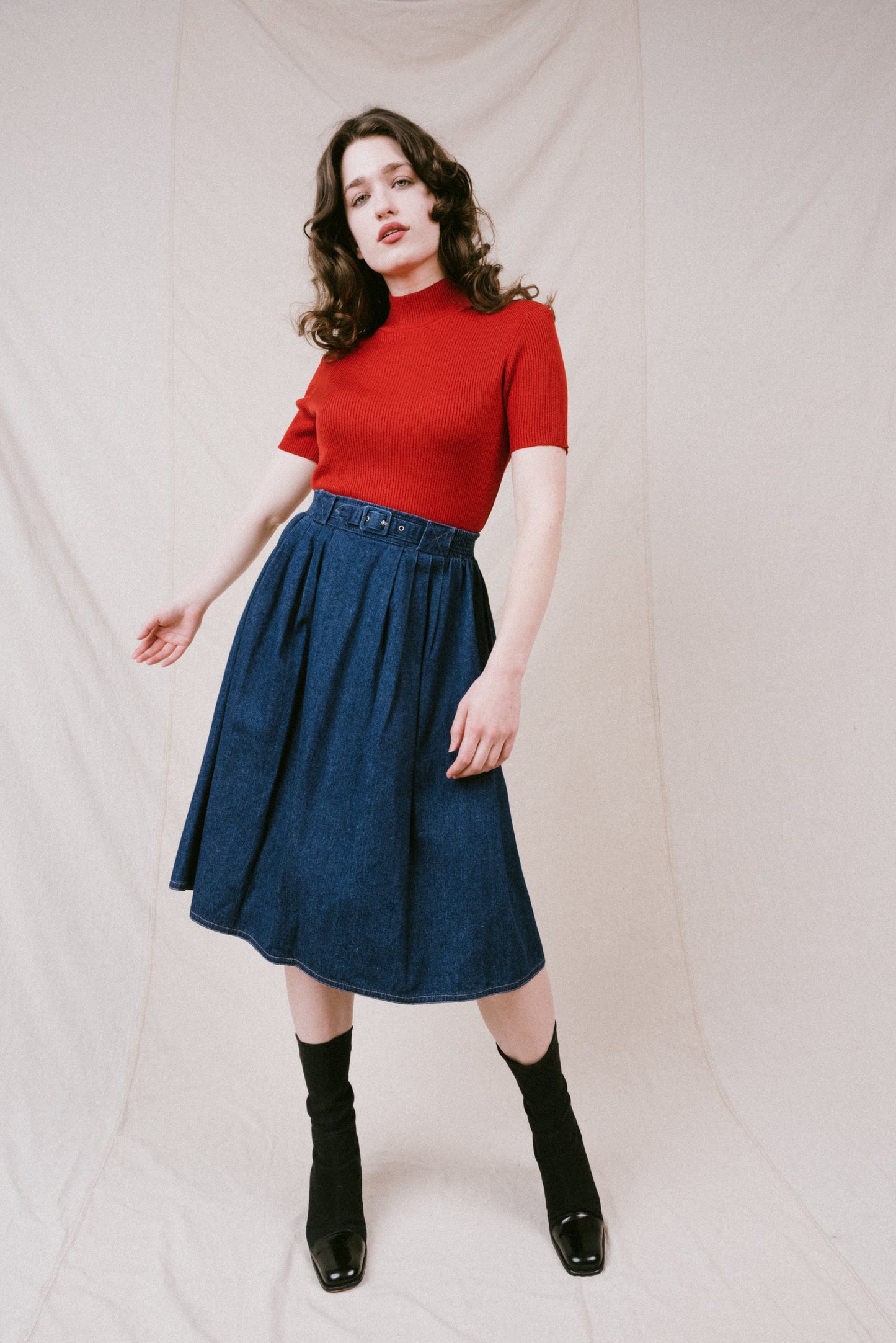 Vintage Denim Midi Skirt (XS-M)