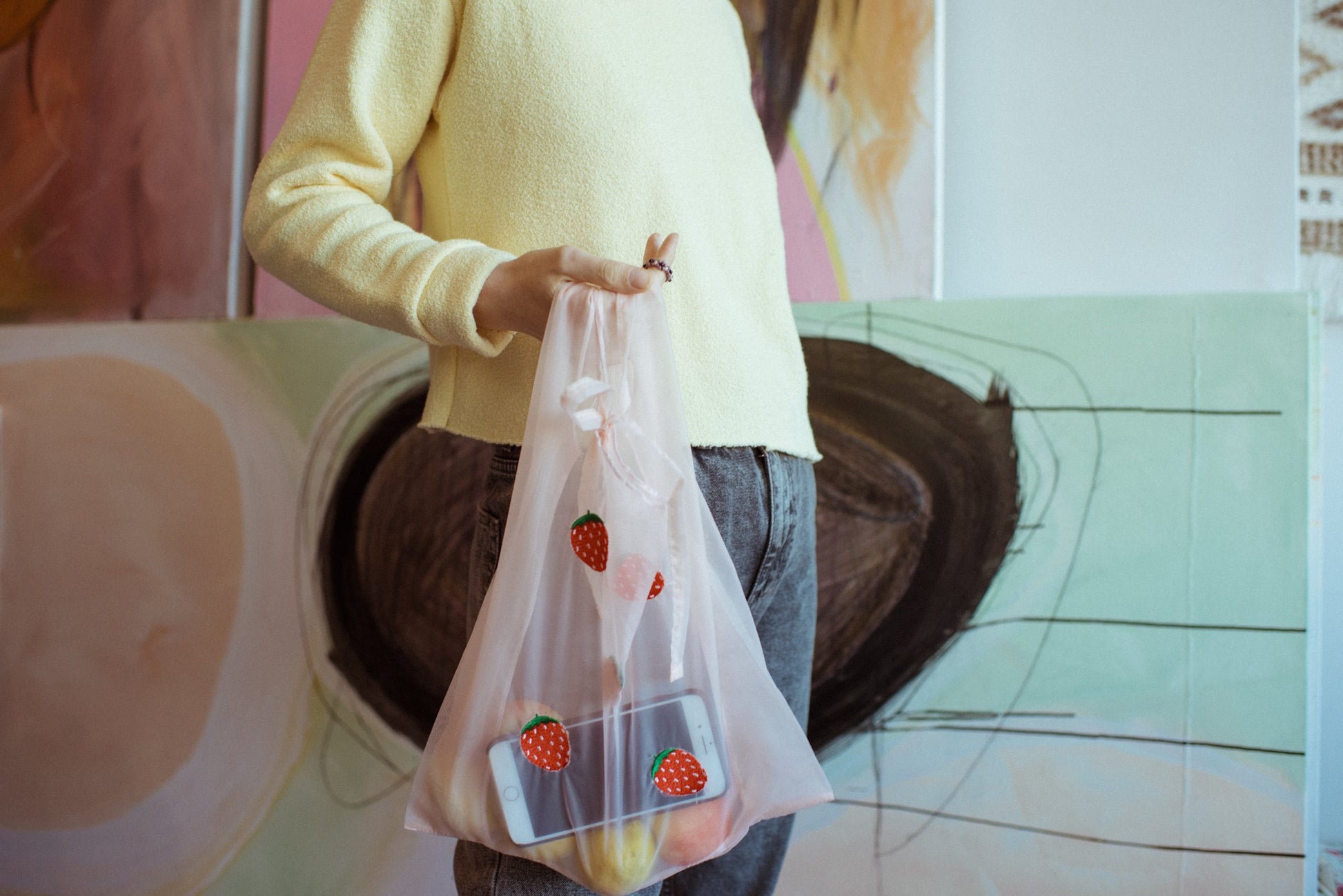 Luxurious Organza Strawberries Embroidered Tote - Closed Caption | Shop Vintage + Handmade. Always Sustainable. Never Wasteful.