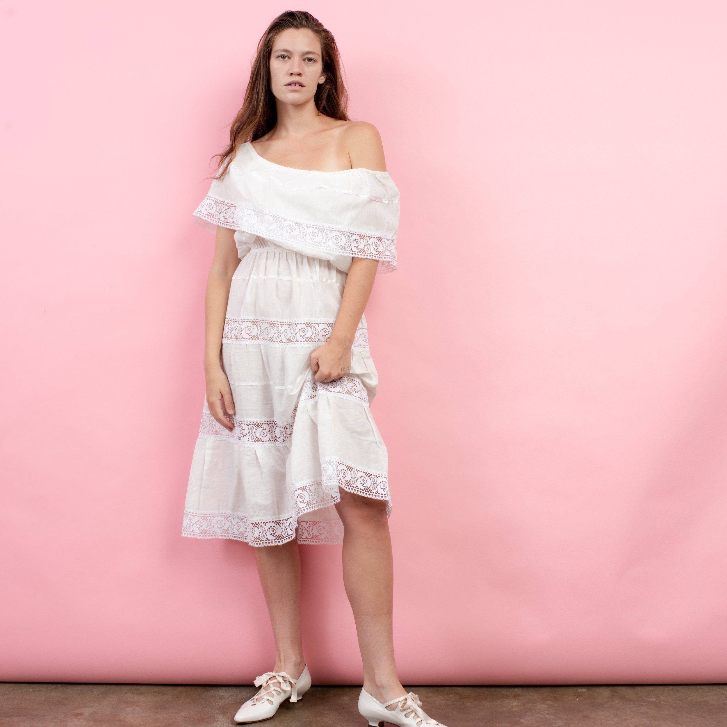 Vintage 70s White Boho Cotton Crochet Peasant Dress (S/M) – Closed