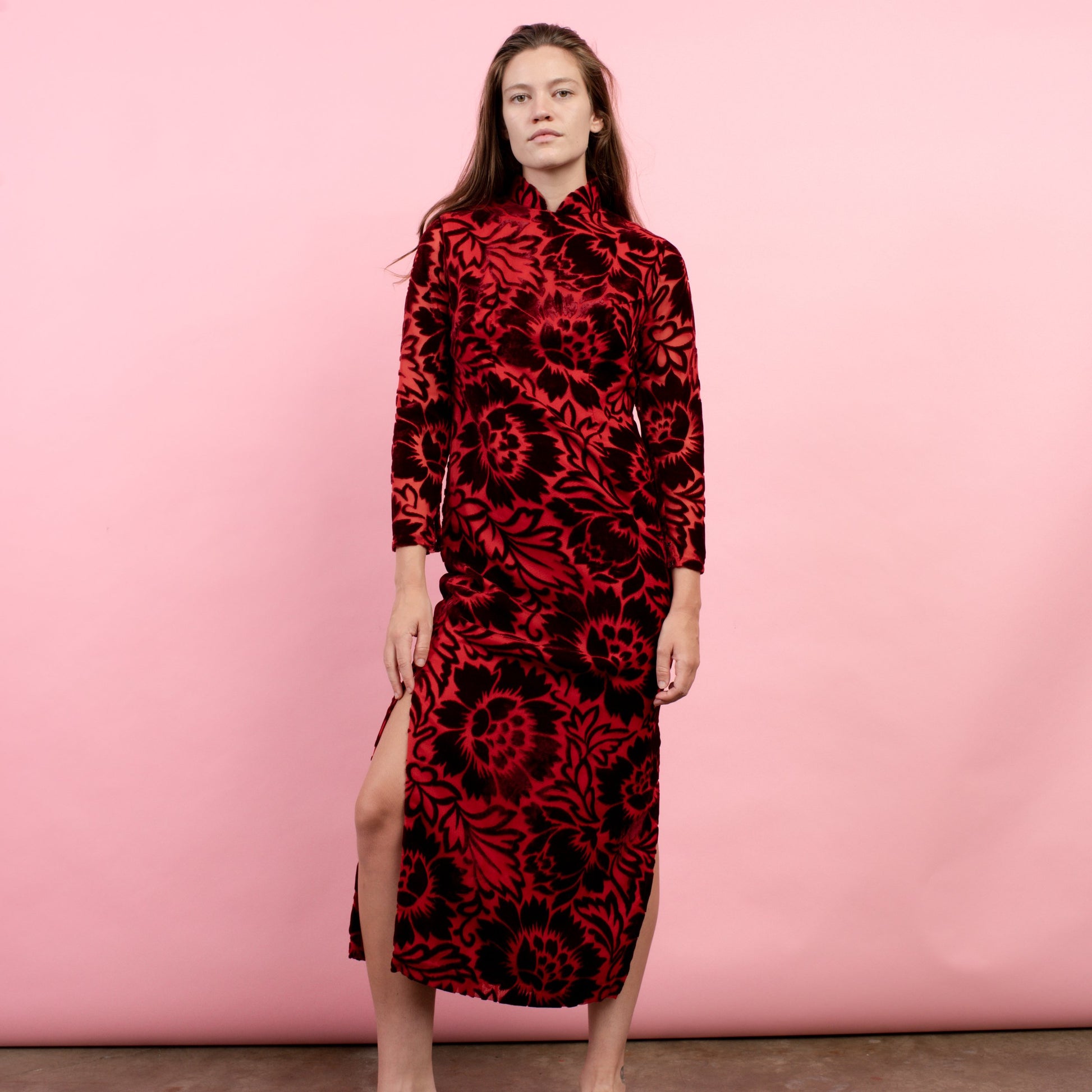 floral velvet maxi dress Poised Romance Burnout in Forest S / Forest 35% Nylon Vintage 60s Red Floral Flocked