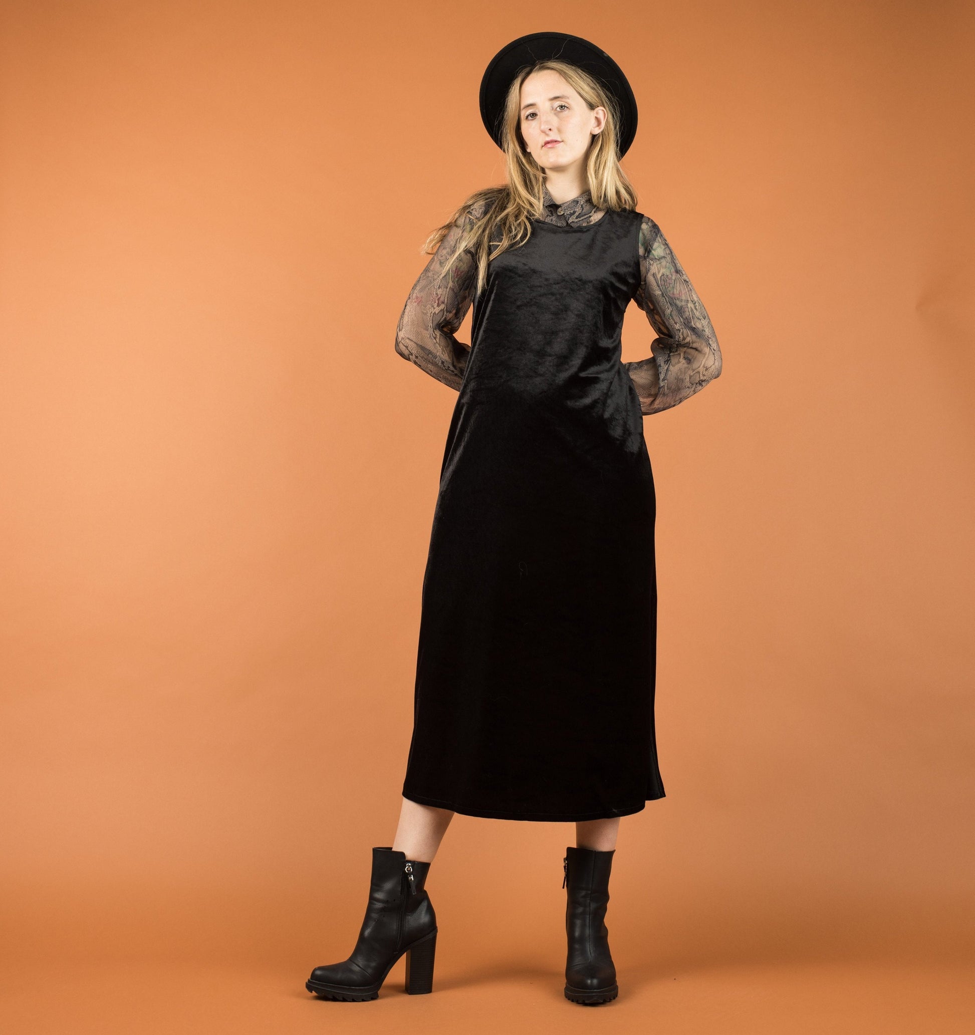 Vintage Black Velvet Maxi Dress / S