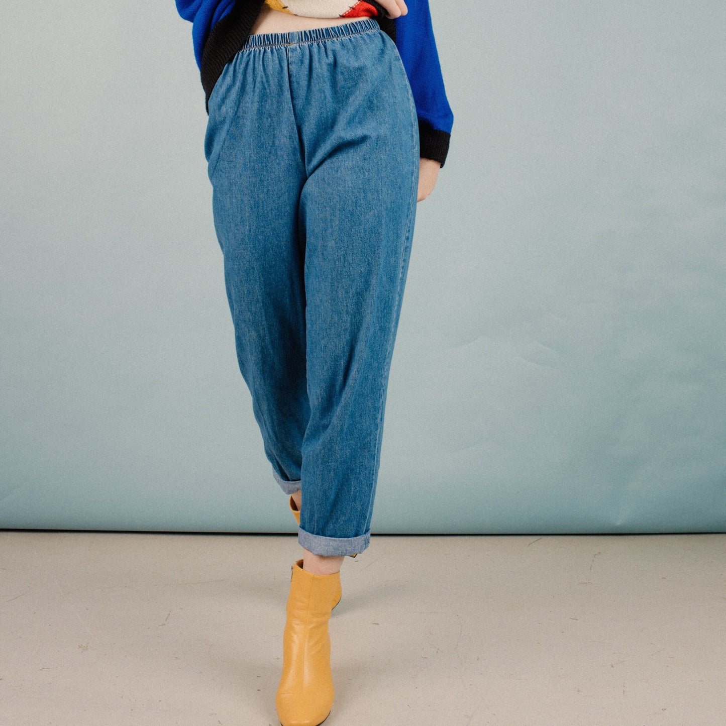 Vintage Blue Denim Elastic Waist Light Pants / S/M / worn out hipster mom jeans vintage 90s grunge denim perfect fit