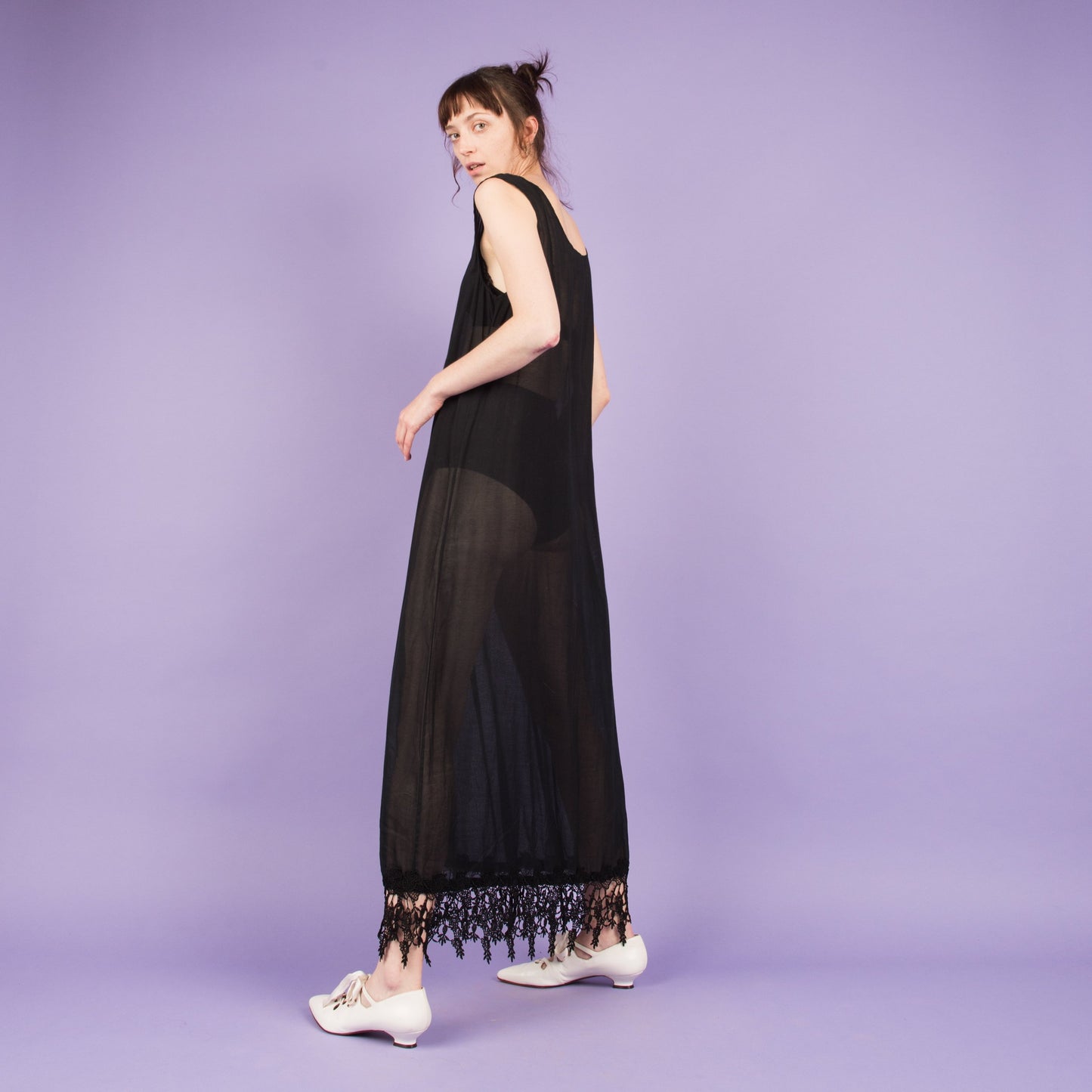 Vintage Black Semi Sheer Fringe Maxi Dress  (S)