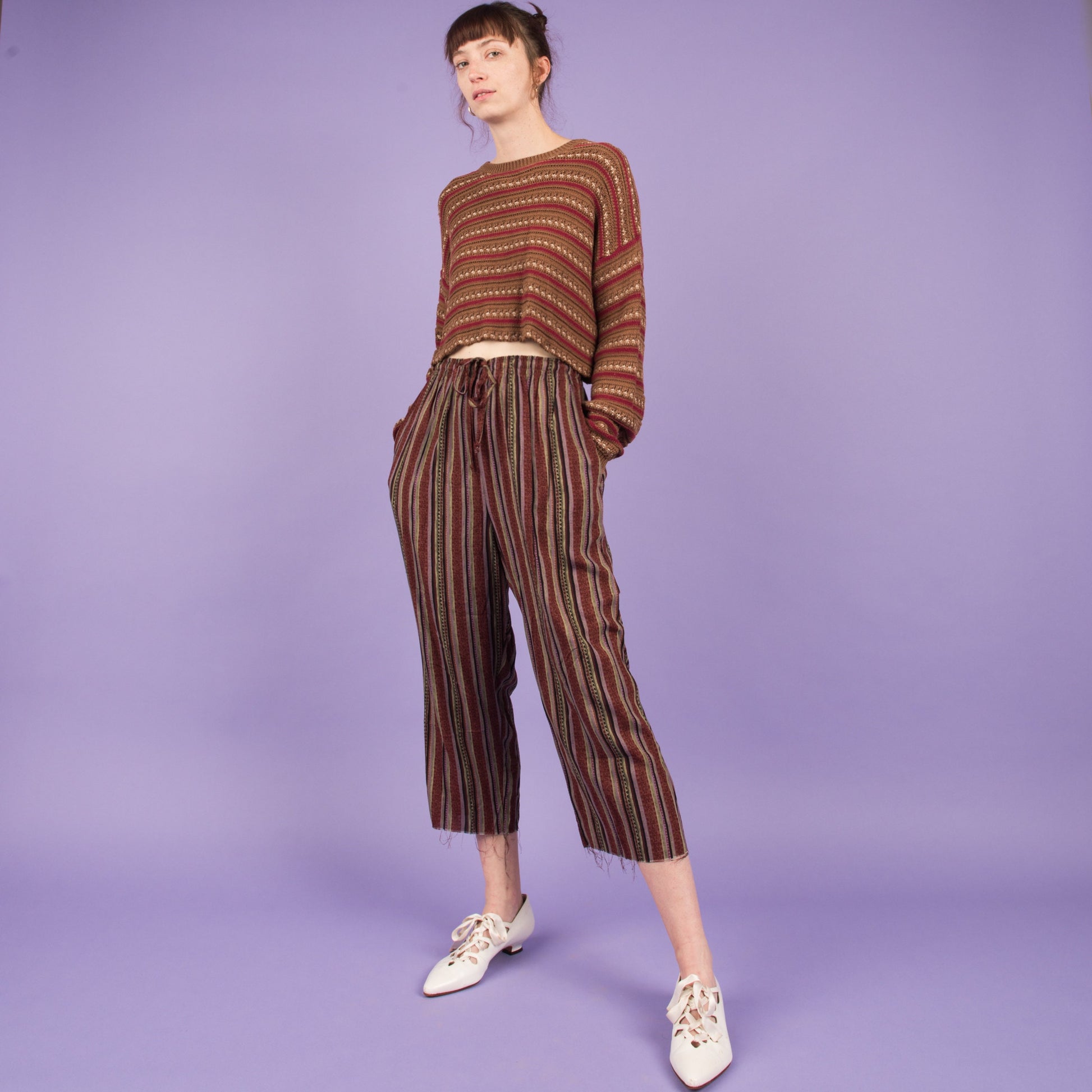 Vintage Earthtone Striped Cropped Easy Pants / S/M