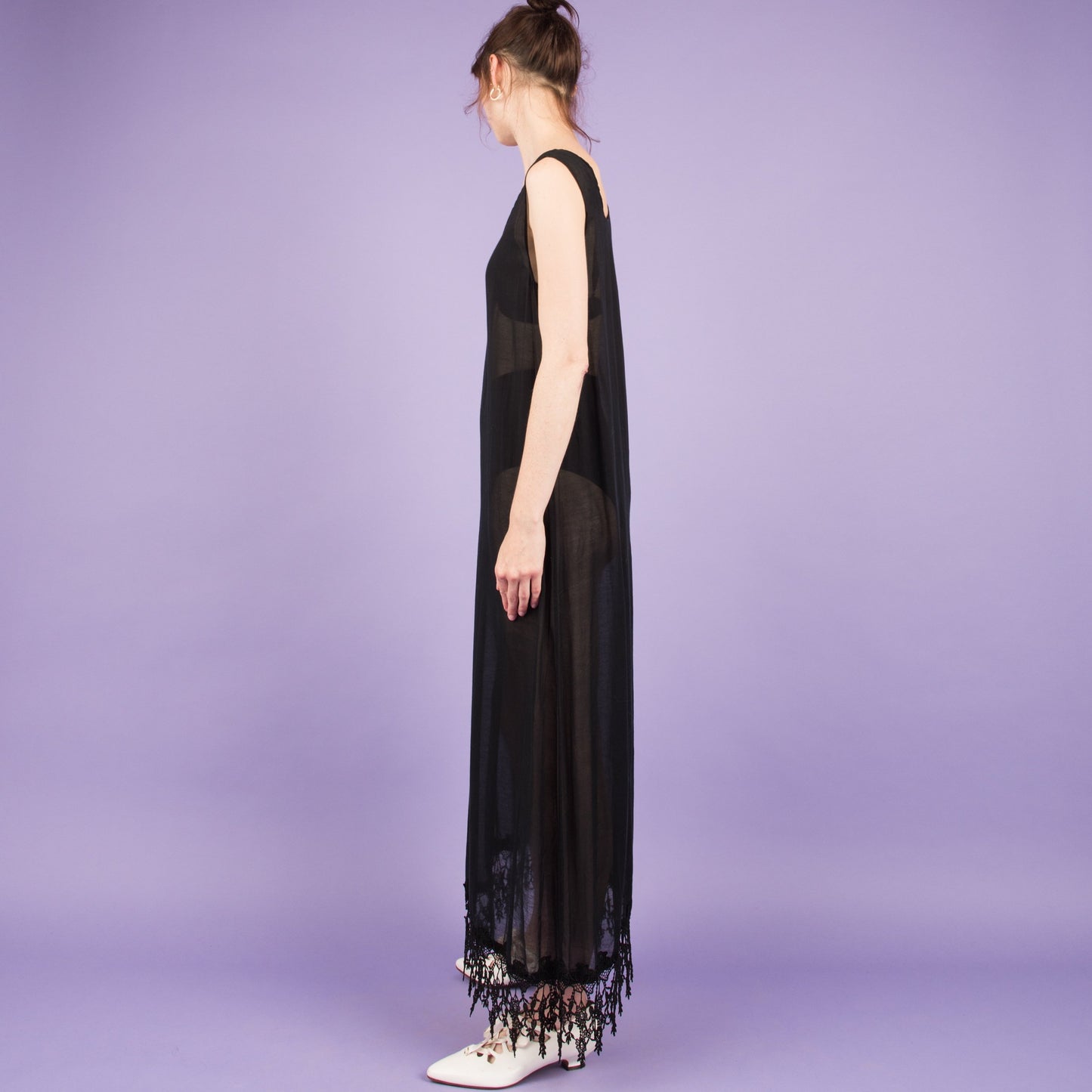 Vintage Black Semi Sheer Fringe Maxi Dress  (S)