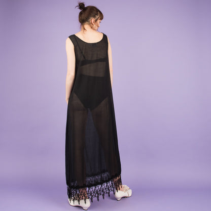 Vintage Black Semi Sheer Fringe Maxi Dress  (S)
