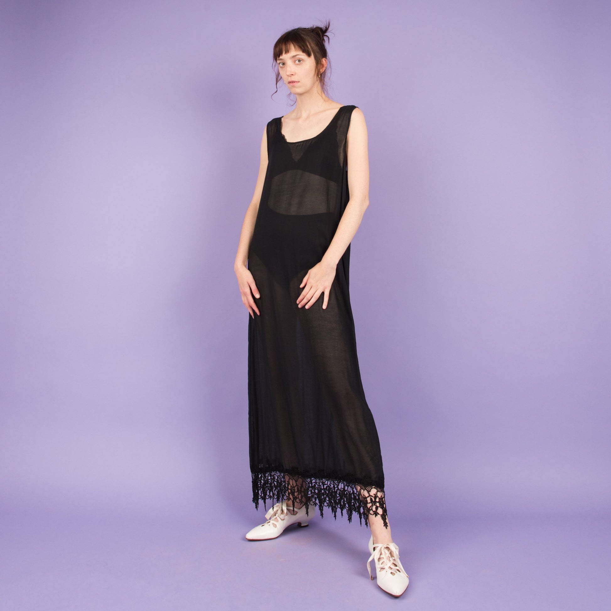 Vintage Black Semi Sheer Fringe Maxi Dress (S) Closed Caption Vintage Black Semi Sheer Fringe Maxi Dress (S) Closed Caption