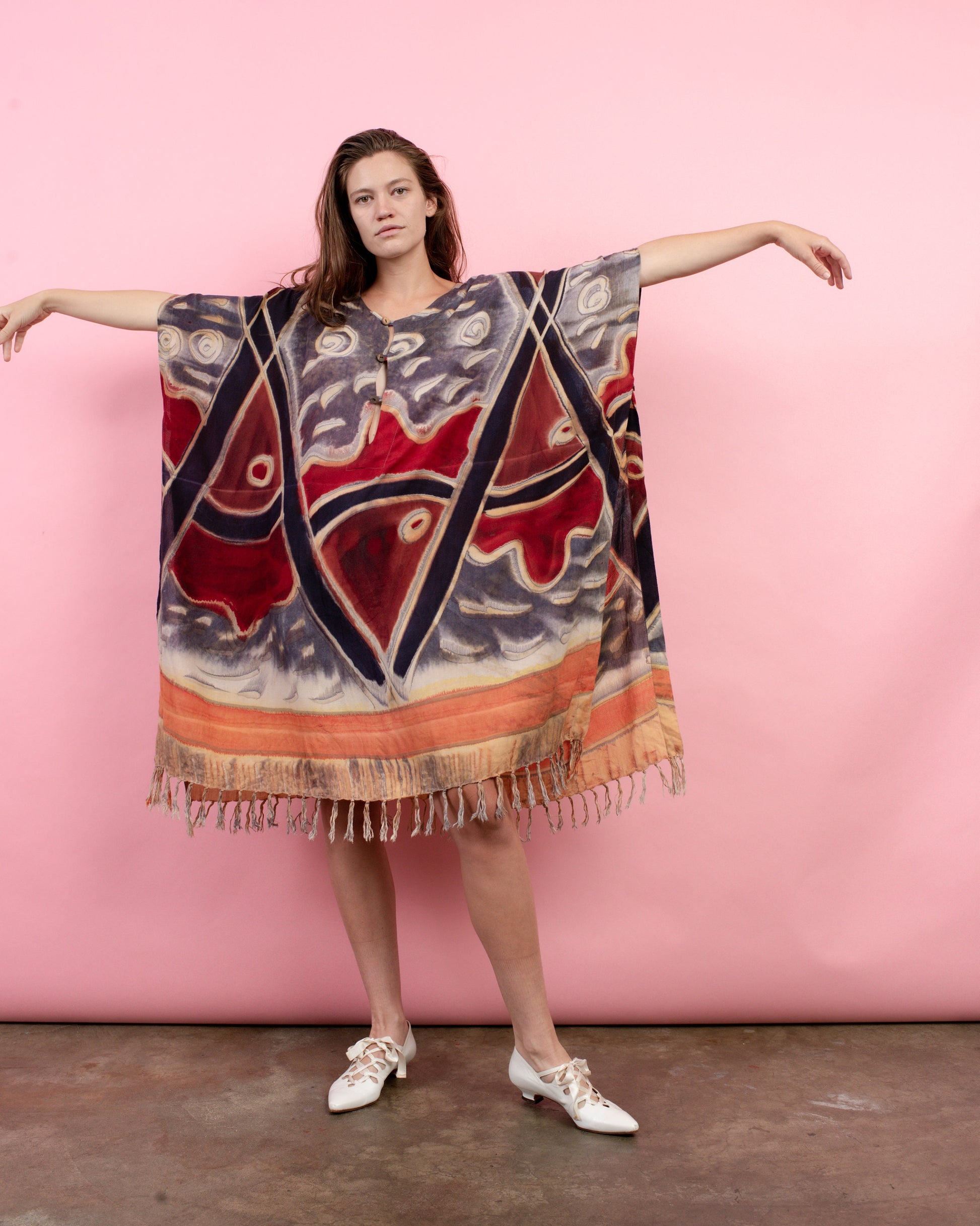 Vintage Colorful Abstract Fringe Tunic Dress / S/M/L