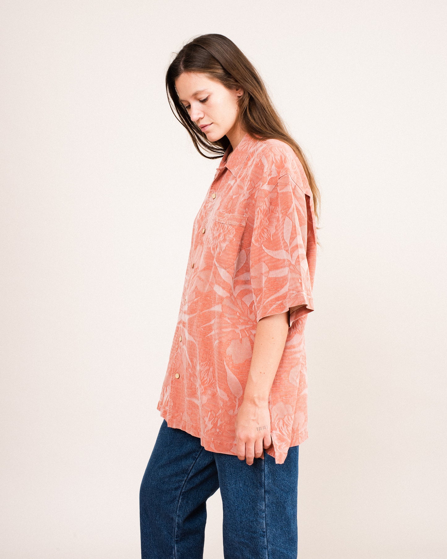 Vintage Oversized Coral Floral Silk Button-up / S/M