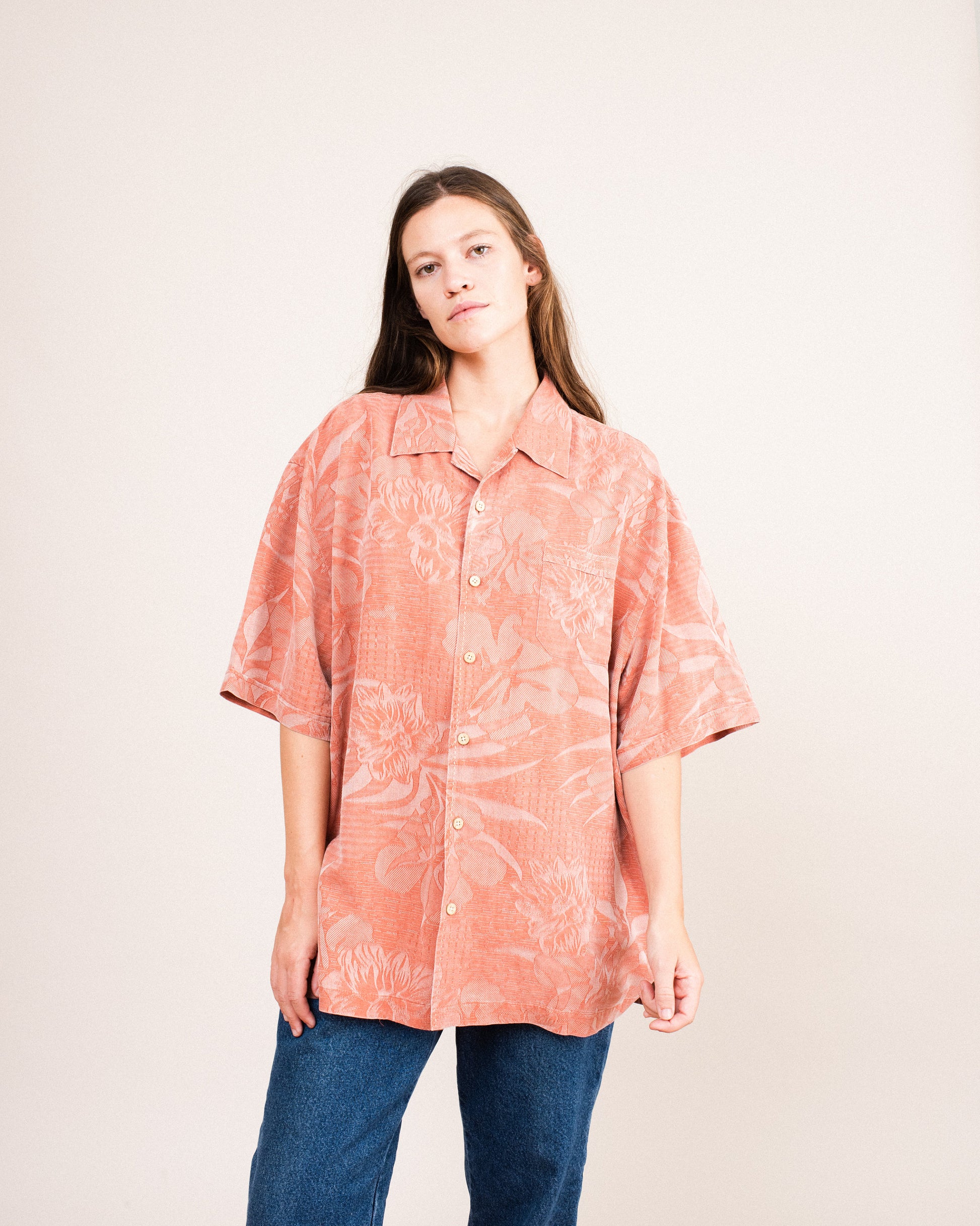 Vintage Oversized Coral Floral Silk Button-up / S/M