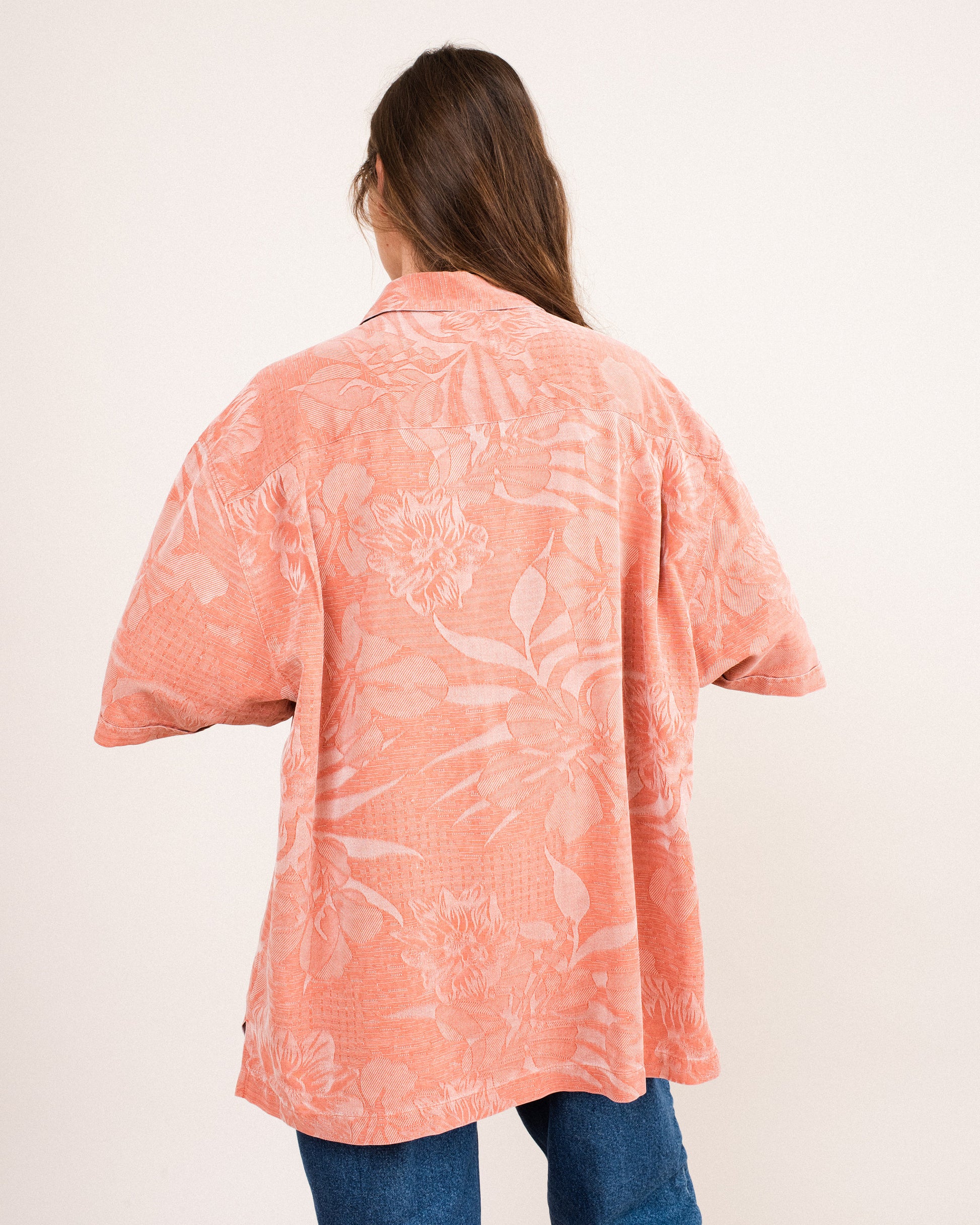Vintage Oversized Coral Floral Silk Button-up / S/M