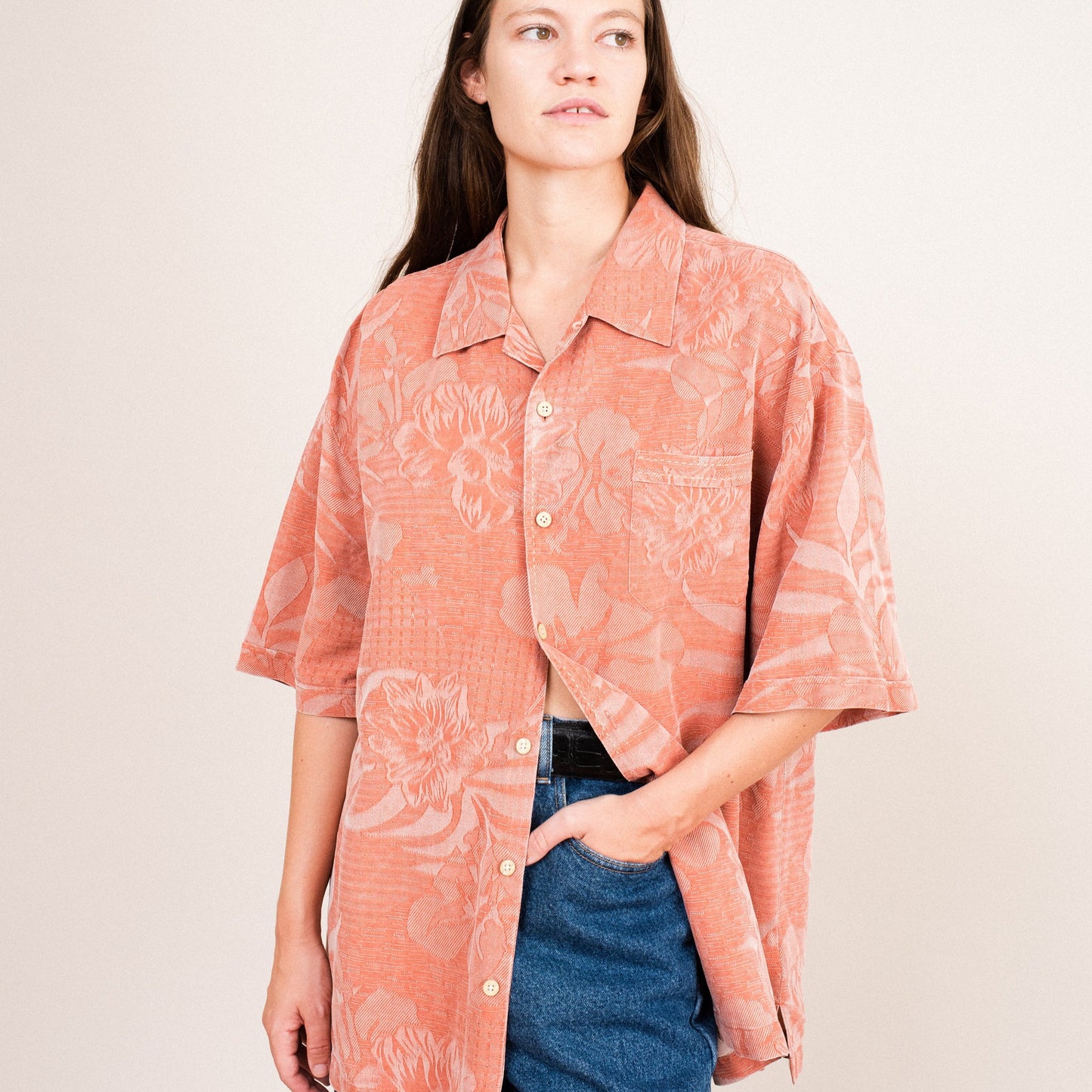 Vintage Oversized Coral Floral Silk Button-up / S/M