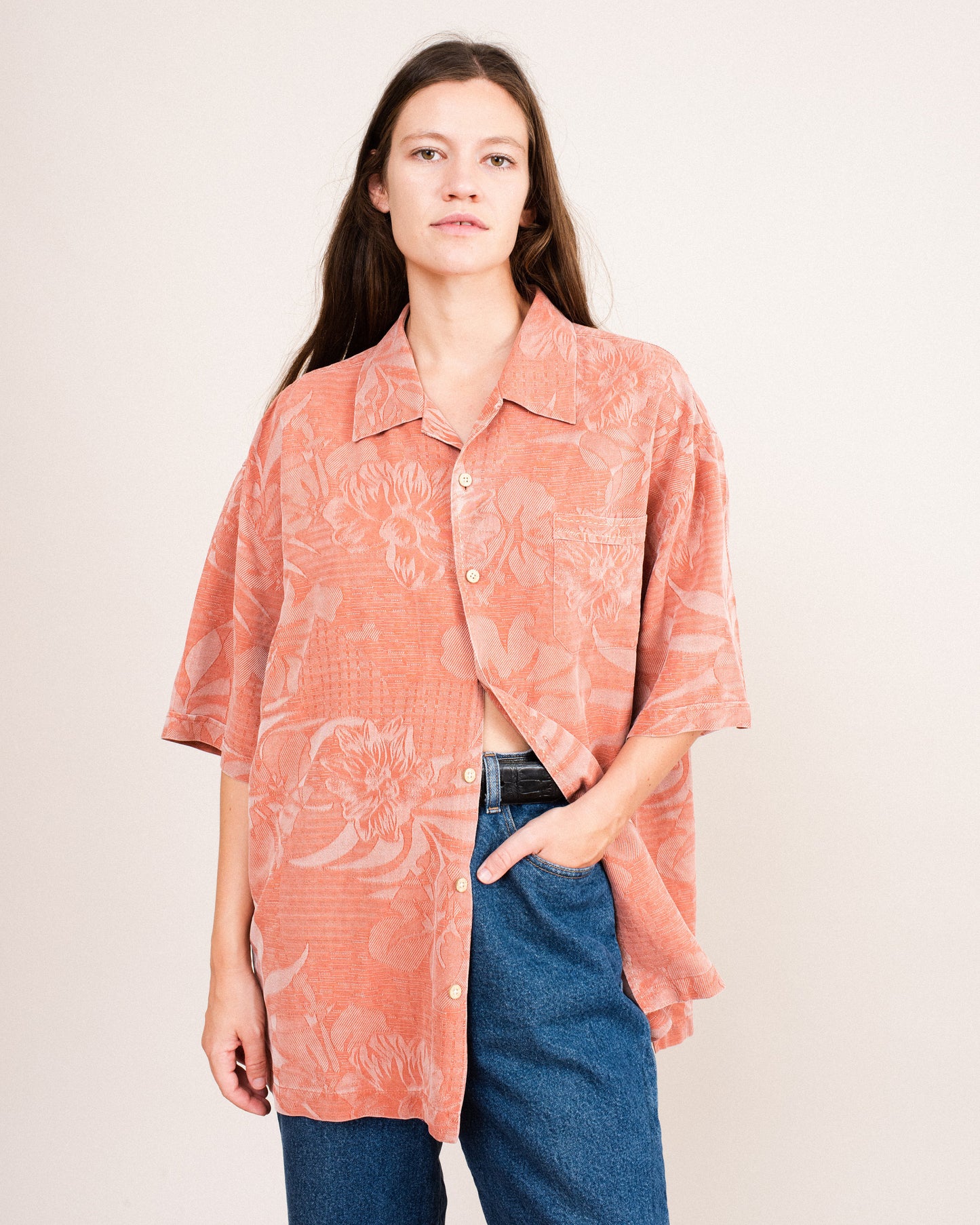 Vintage Oversized Coral Floral Silk Button-up / S/M