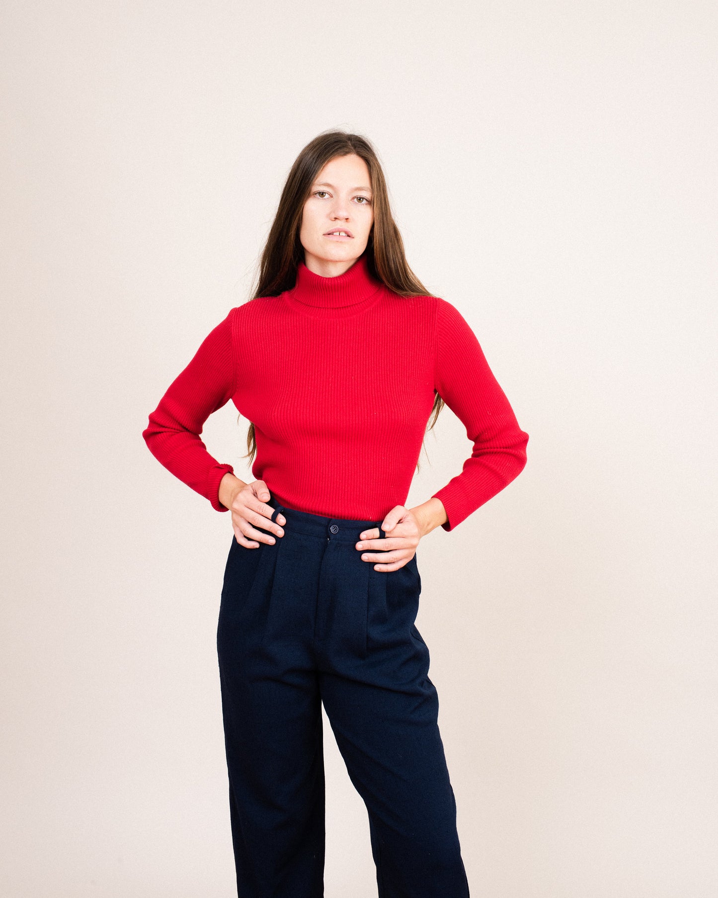 Vintage Cherry Red Rib Knit Turtleneck Sweater / S/M