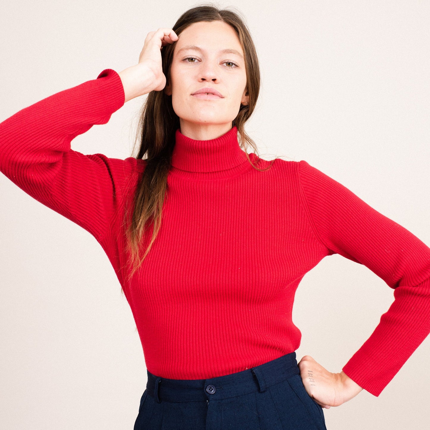 Vintage Cherry Red Rib Knit Turtleneck Sweater / S/M