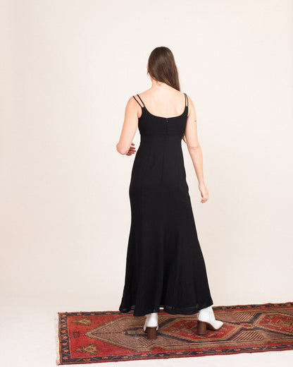 Vintage Black Embroidered Maxi Slip Dress  / S