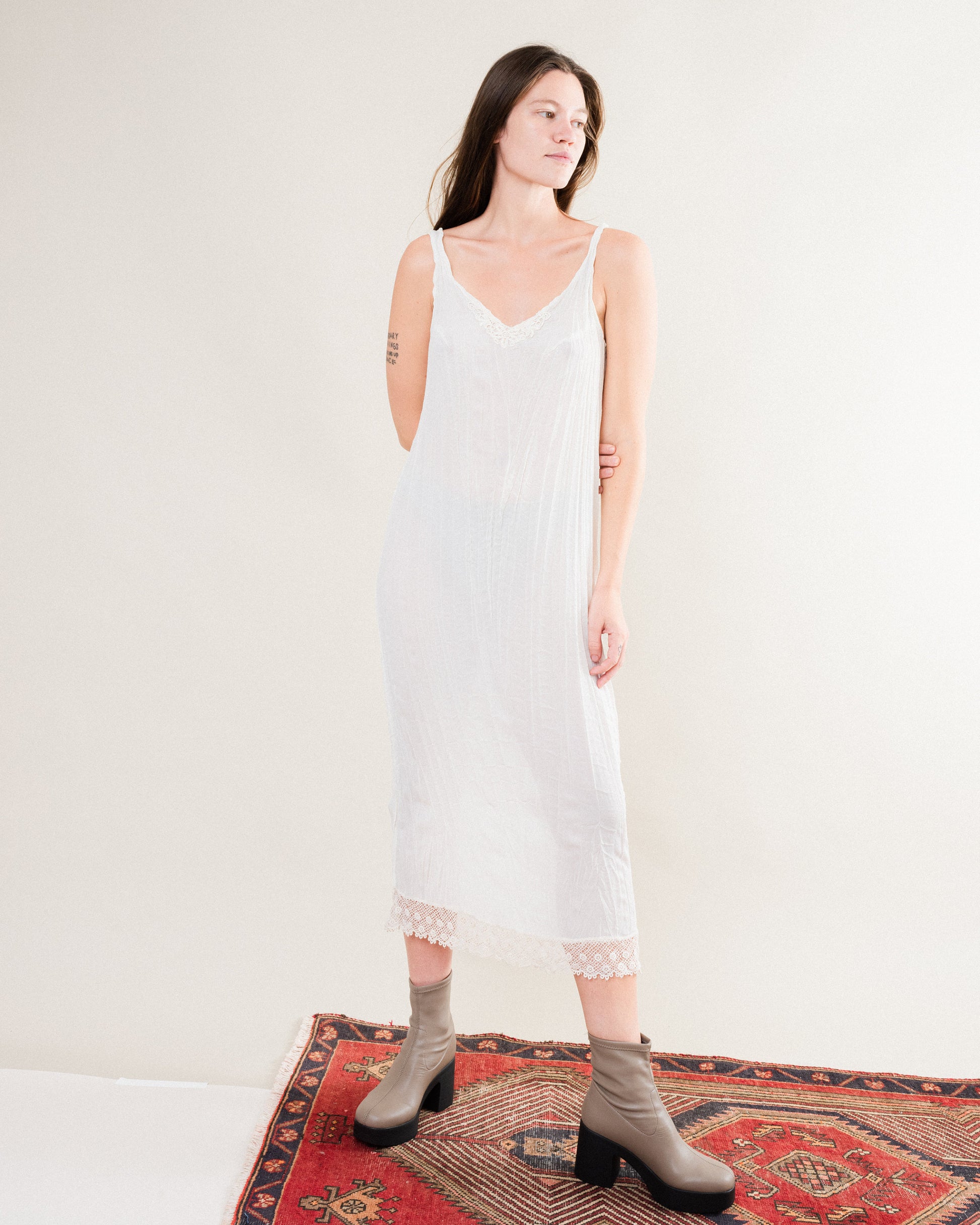 Vintage White Crinkle Slip Dress / S